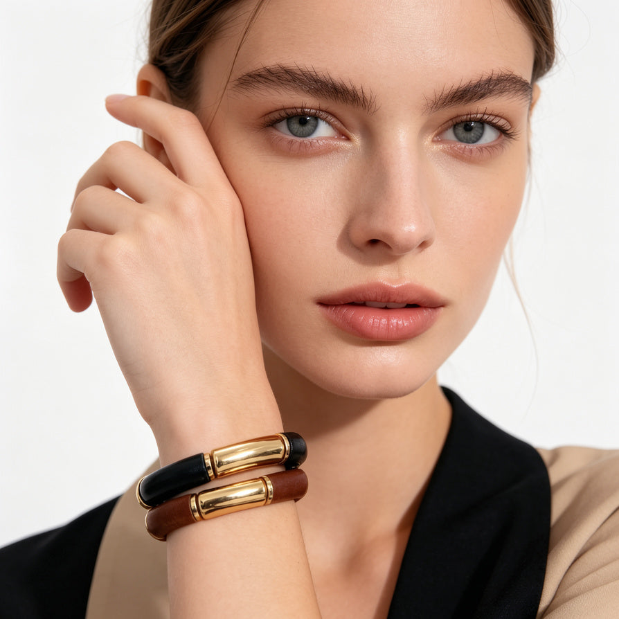 Pulsera elástica de metal y madera para mujer | Joyería de moda al por mayor | Diseño minimalista|JI JOYA