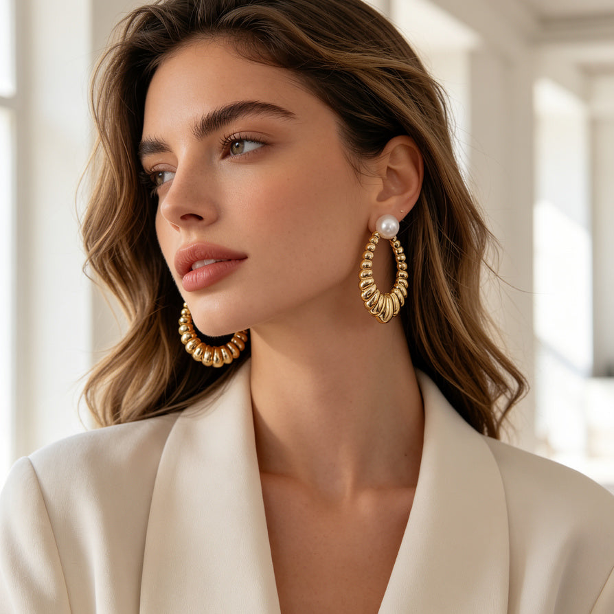 Aretes de Perla y Aro Hoop - Dorado / Plateado - Mayorista B2B|JI JOYA