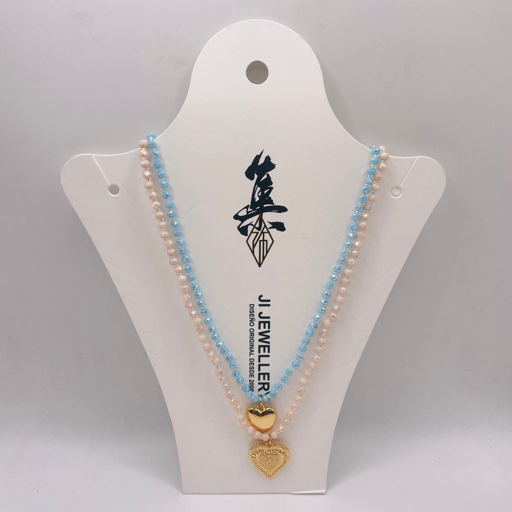 JI JOYA VENTA AL POR MAYOR|Collar Doble Capa con Colgantes Corazón Dorado | Bisutería de Moda al Por Mayor, 2 Colores Disponibles