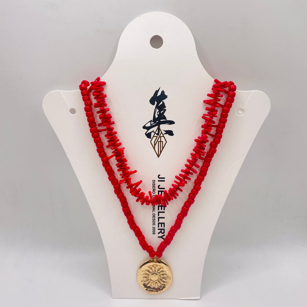 JI JOYA VENTA AL POR MAYOR|Collar de Doble Capa con Colgante Sol Dorado | Estilo Bohemio Mayorista (Rojo/Azul)