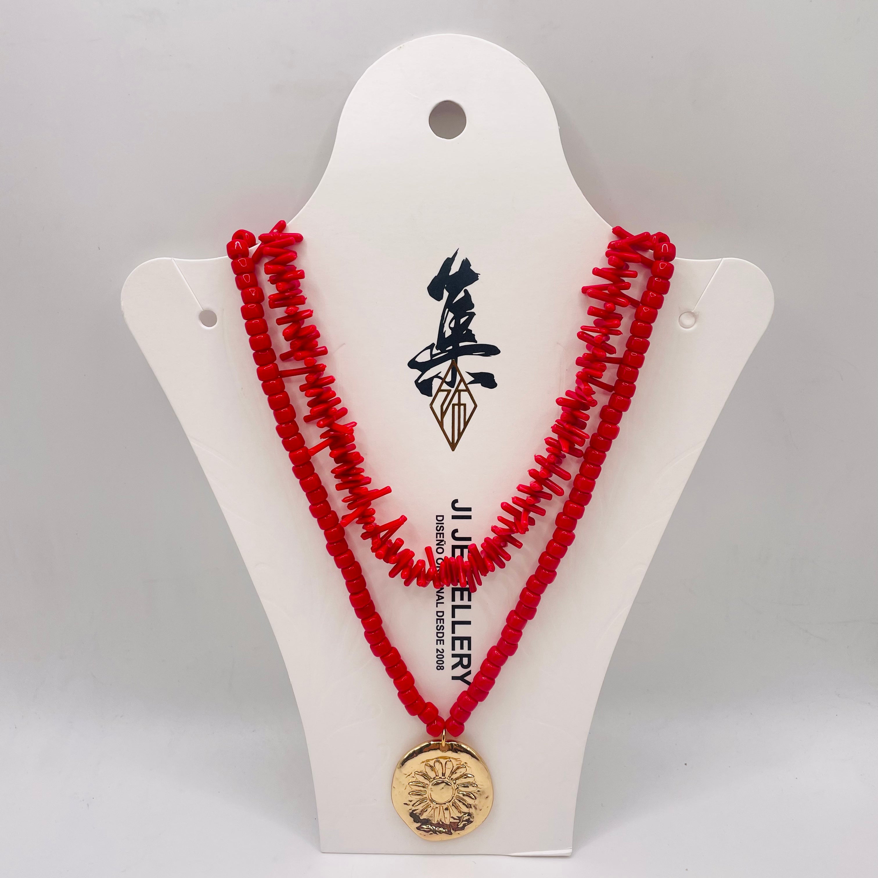 JI JOYA VENTA AL POR MAYOR|Collar de Doble Capa con Colgante Sol Dorado | Estilo Bohemio Mayorista (Rojo/Azul)