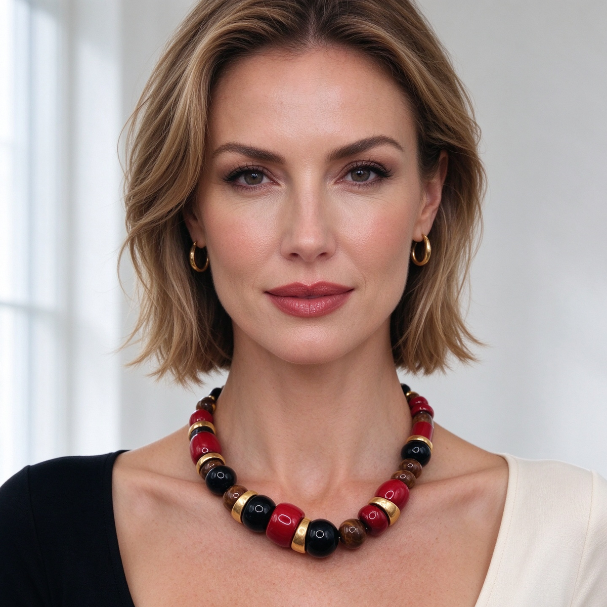 Collar de cuentas vintage rojo, negro y marrón con separadores dorados | Venta al por mayor|JI JOYA