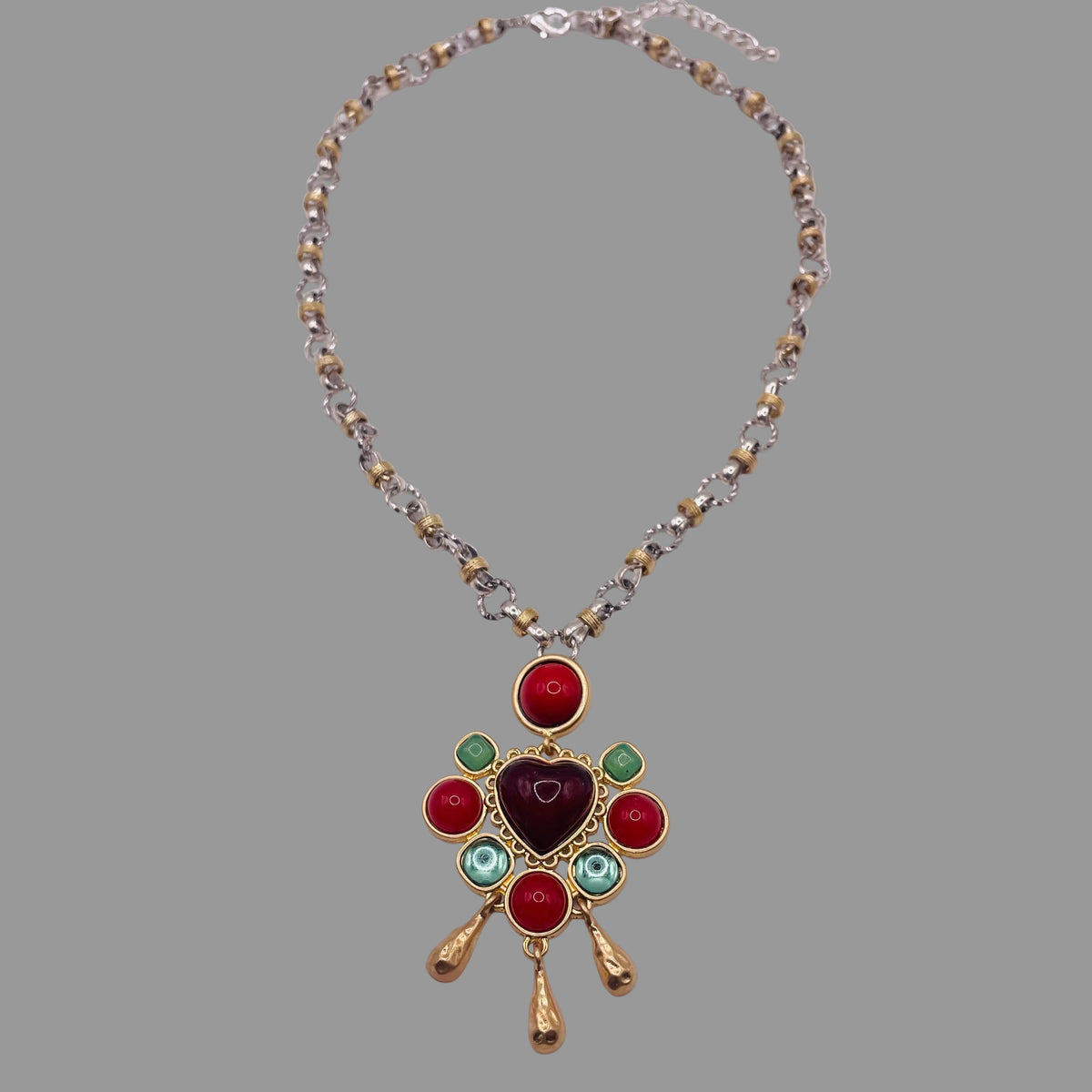 Set de Joyería Étnica Vintage, Collar y Pendientes con Piedras Rojas y Verdes en Forma de Corazón, Bisutería de Moda al Por Mayor para Mujer|JI JOYA