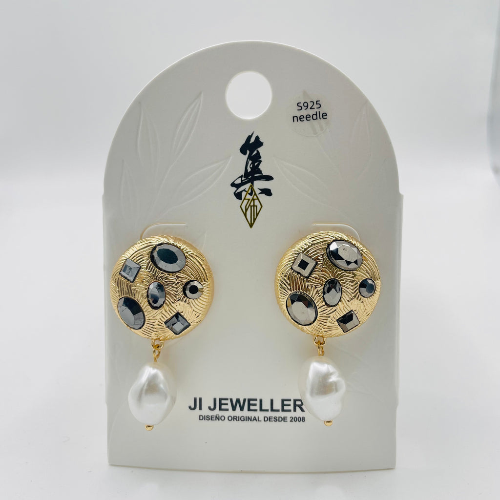 Pendientes de Perla Barroca y Cristales | Venta al Por Mayor | 2 Colores (Oro/Plata) | Diseño Exclusivo|JI JOYA
