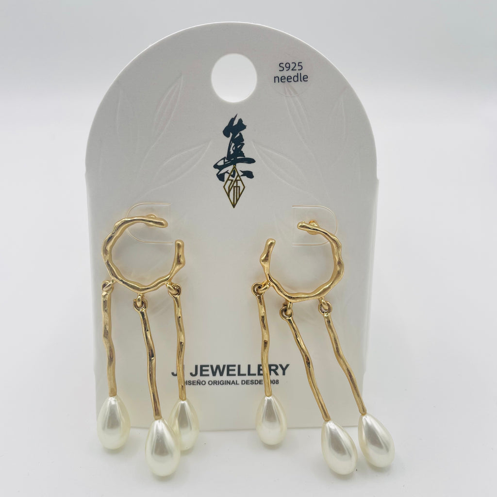 Pendientes Colgantes de Perla con Aro Irregular | Venta al Por Mayor | 2 Colores (Oro/Plata) | Diseño Minimalista|JI JOYA