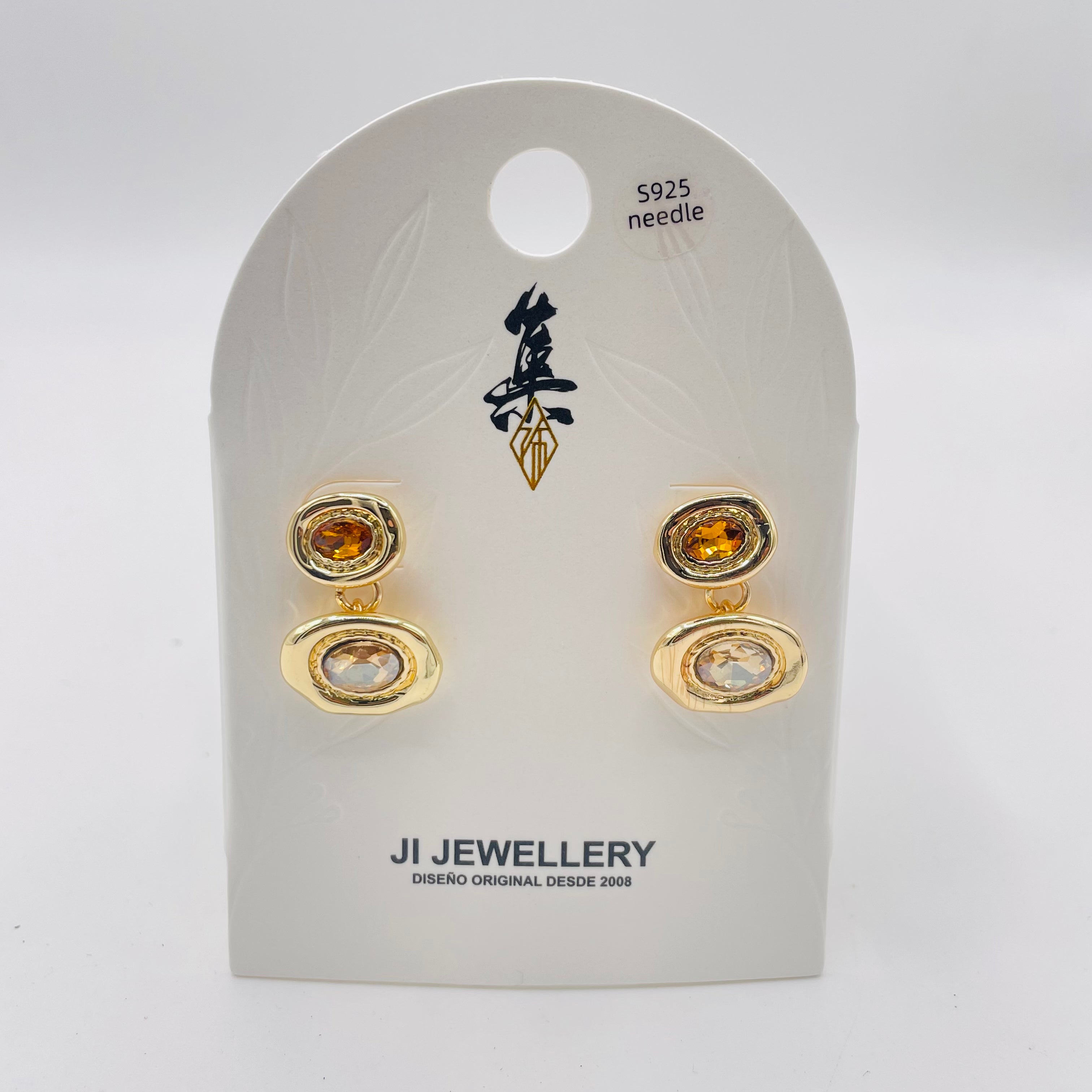 Pendientes Doble Óvalo con Piedra de Cristal | 3 Colores Disponibles | Mayorista B2B | Aguja S925 Hipoalergénica|JI JOYA