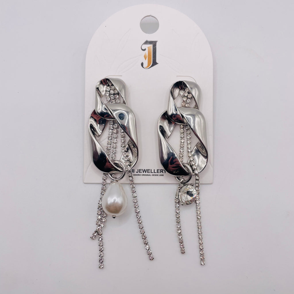 Pendientes Asimétricos Cadena de Cristal con Perla - Oro/Plata al Por Mayor|JI JOYA