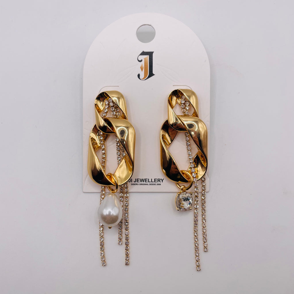 Pendientes Asimétricos Cadena de Cristal con Perla - Oro/Plata al Por Mayor|JI JOYA