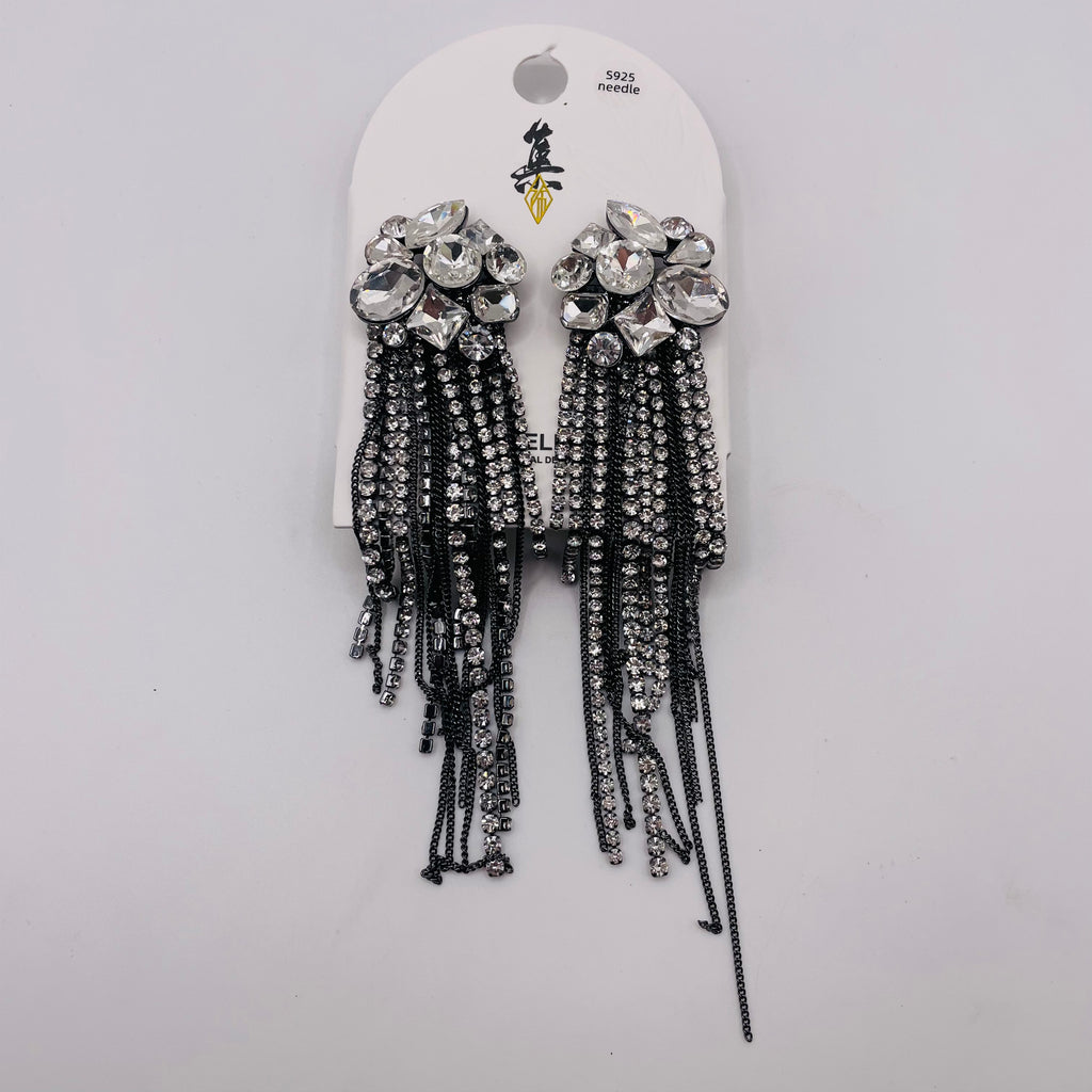 Pendientes Colgantes de Cristal con Flecos Largos | Dorado/Negro | Poste S925 | Joyería de Fiesta al Por Mayor|JI JOYA