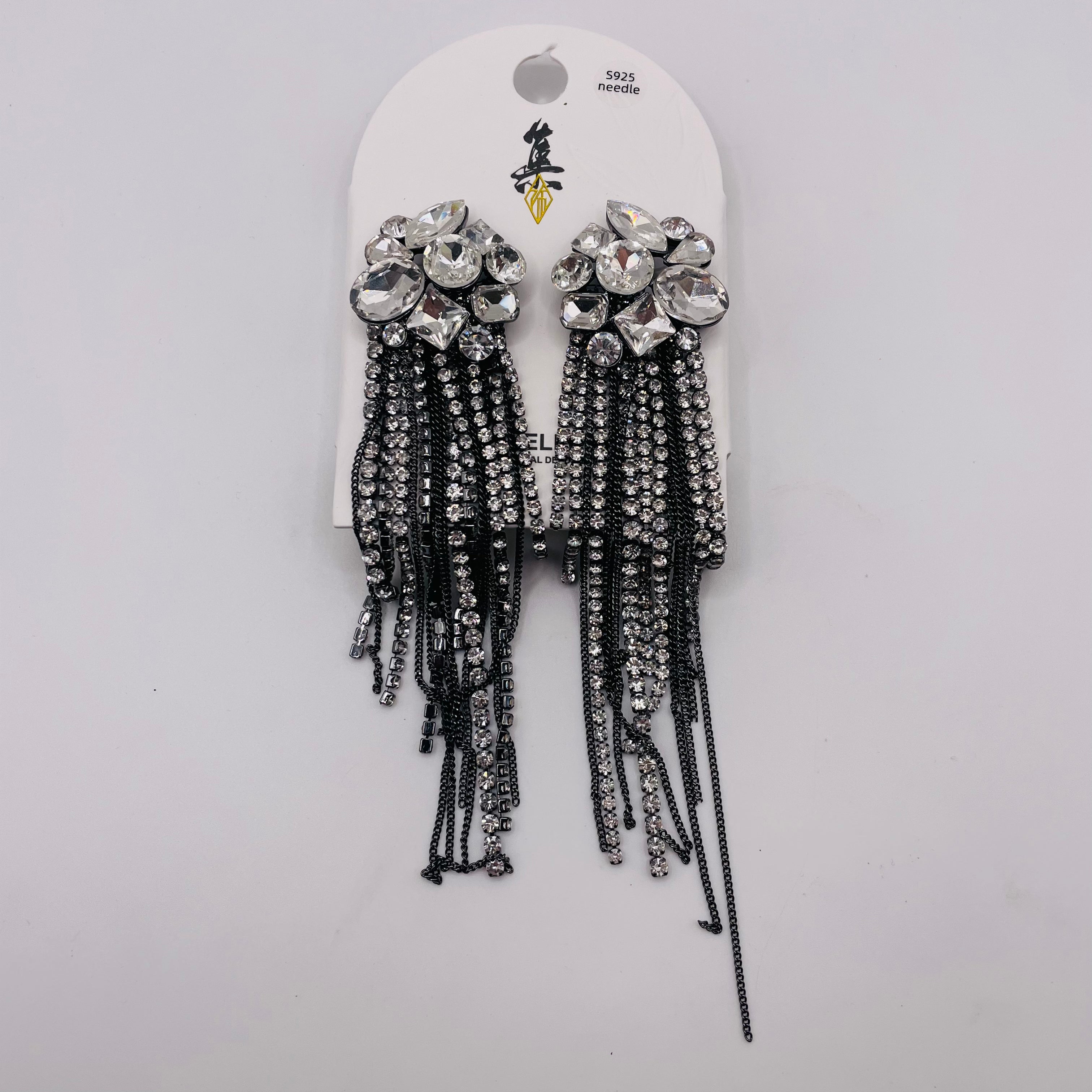 Pendientes Colgantes de Cristal con Flecos Largos | Dorado/Negro | Poste S925 | Joyería de Fiesta al Por Mayor|JI JOYA