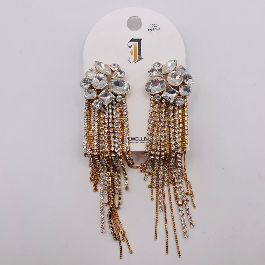 Pendientes Colgantes de Cristal con Flecos Largos | Dorado/Negro | Poste S925 | Joyería de Fiesta al Por Mayor|JI JOYA