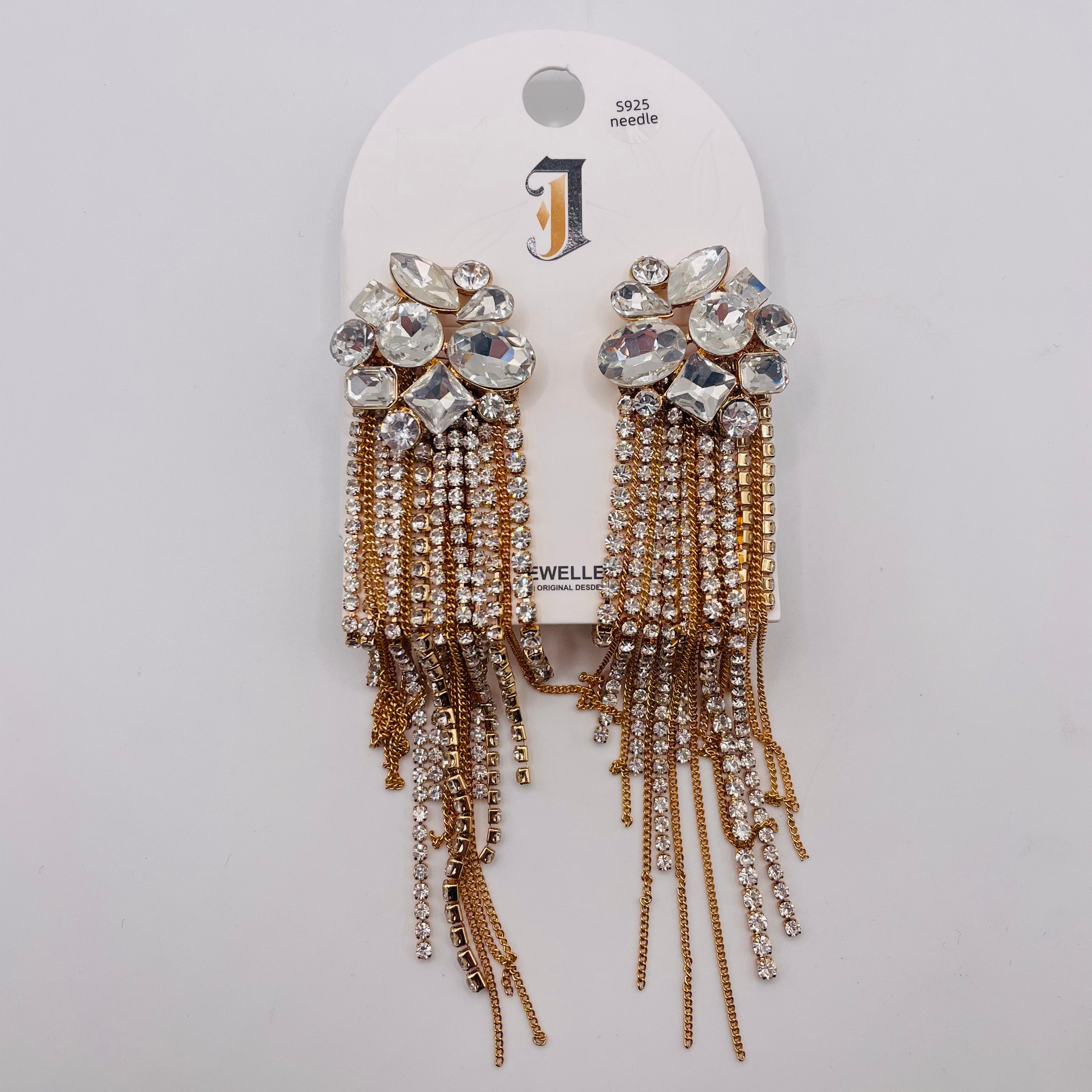 Pendientes Colgantes de Cristal con Flecos Largos | Dorado/Negro | Poste S925 | Joyería de Fiesta al Por Mayor|JI JOYA