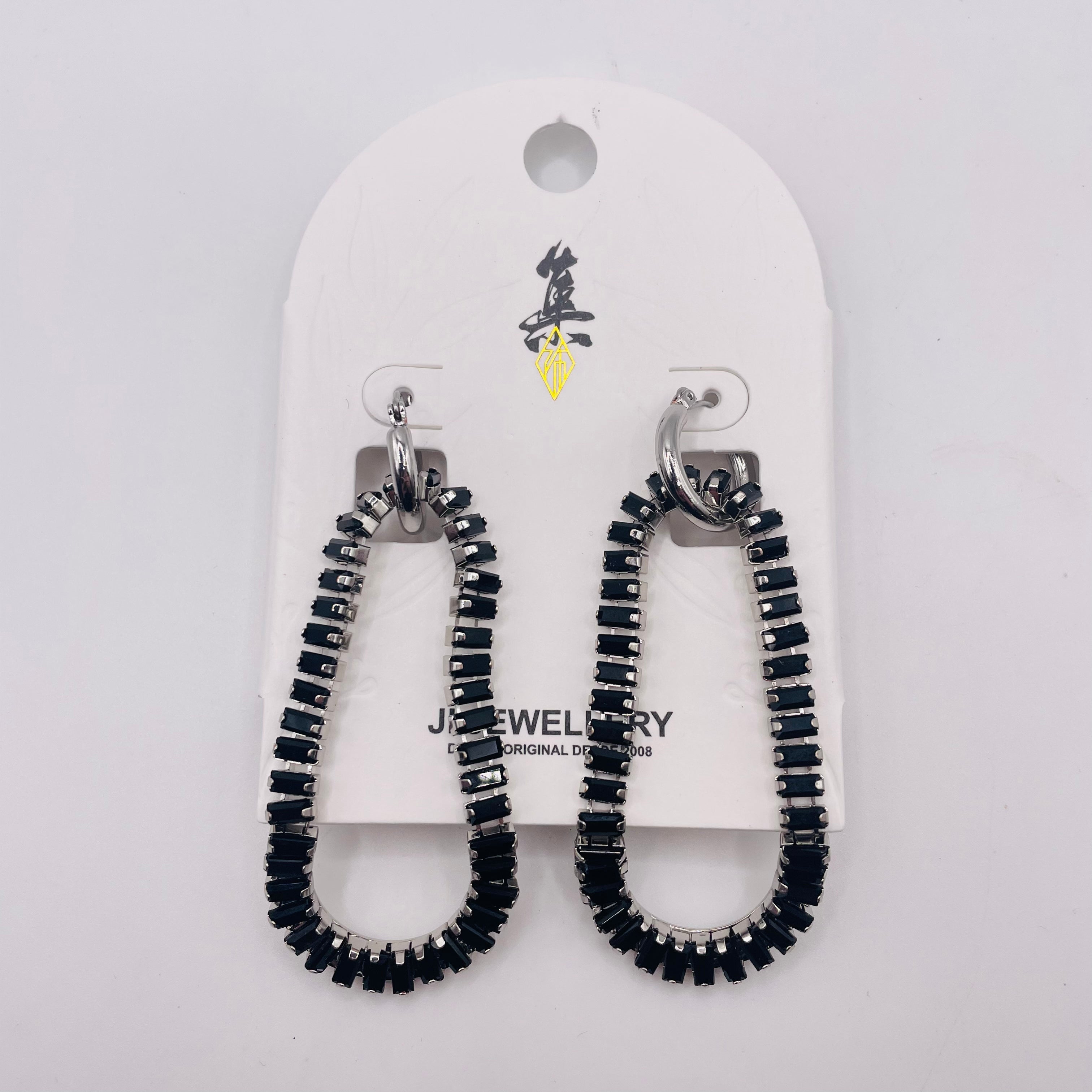 Pendientes Aro Largo Forma Huevo con Piedras Negras/Oro, Pendientes de Cristal Baguette al Por Mayor para Mayoristas y Tiendas de Moda|JI JOYA