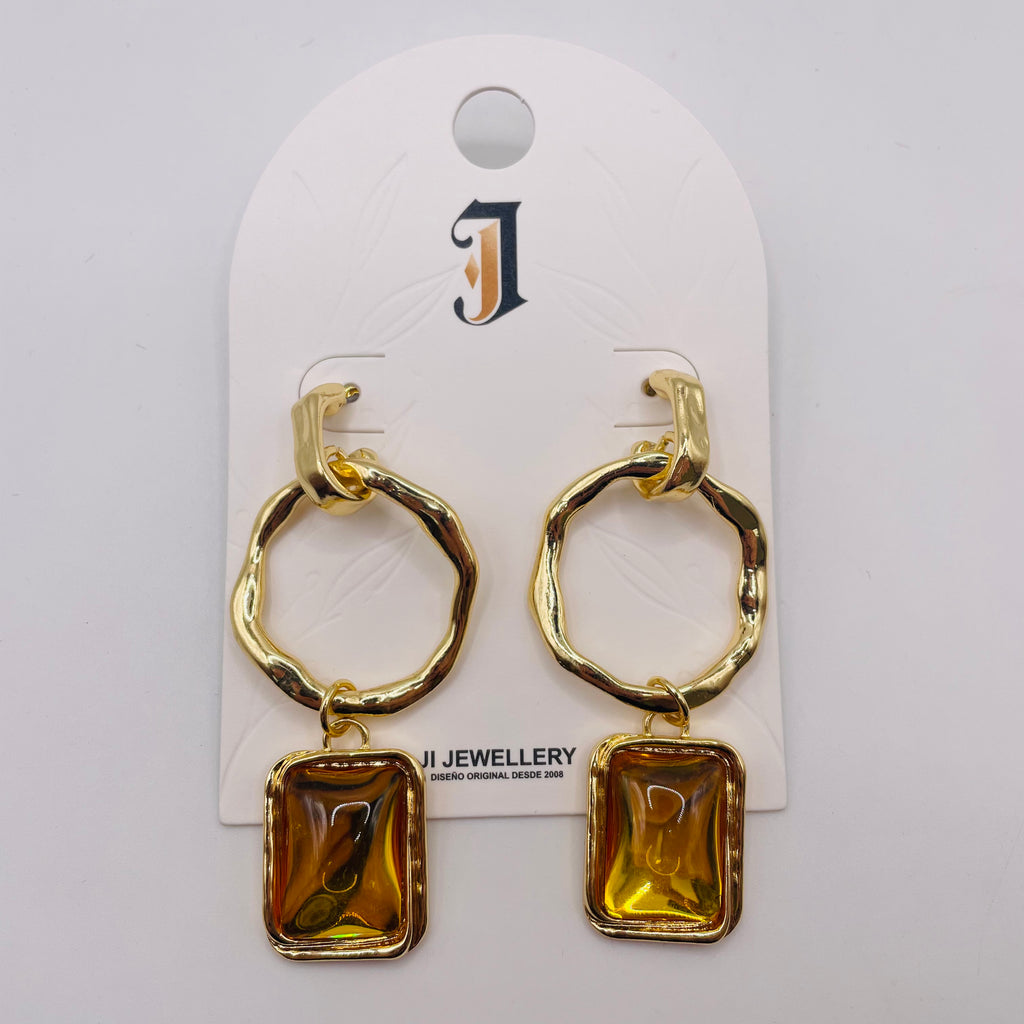 Pendientes Colgantes Aro Irregular con Piedra Rectangular Resina, 3 Colores Oro/Antiguo Plata/Negro, Joyería de Moda al Por Mayor para Mujer|JI JOYA