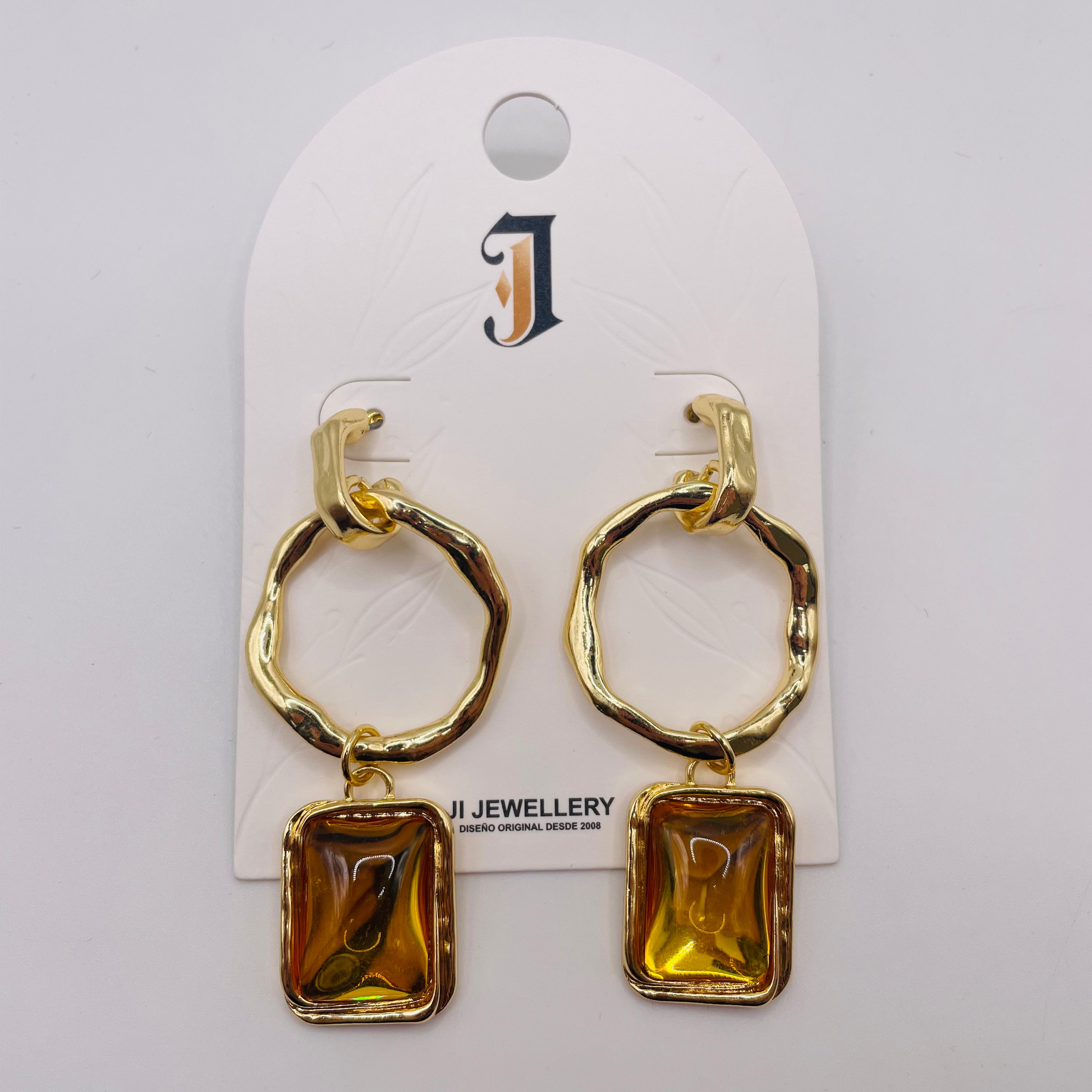 Pendientes Colgantes Aro Irregular con Piedra Rectangular Resina, 3 Colores Oro/Antiguo Plata/Negro, Joyería de Moda al Por Mayor para Mujer|JI JOYA