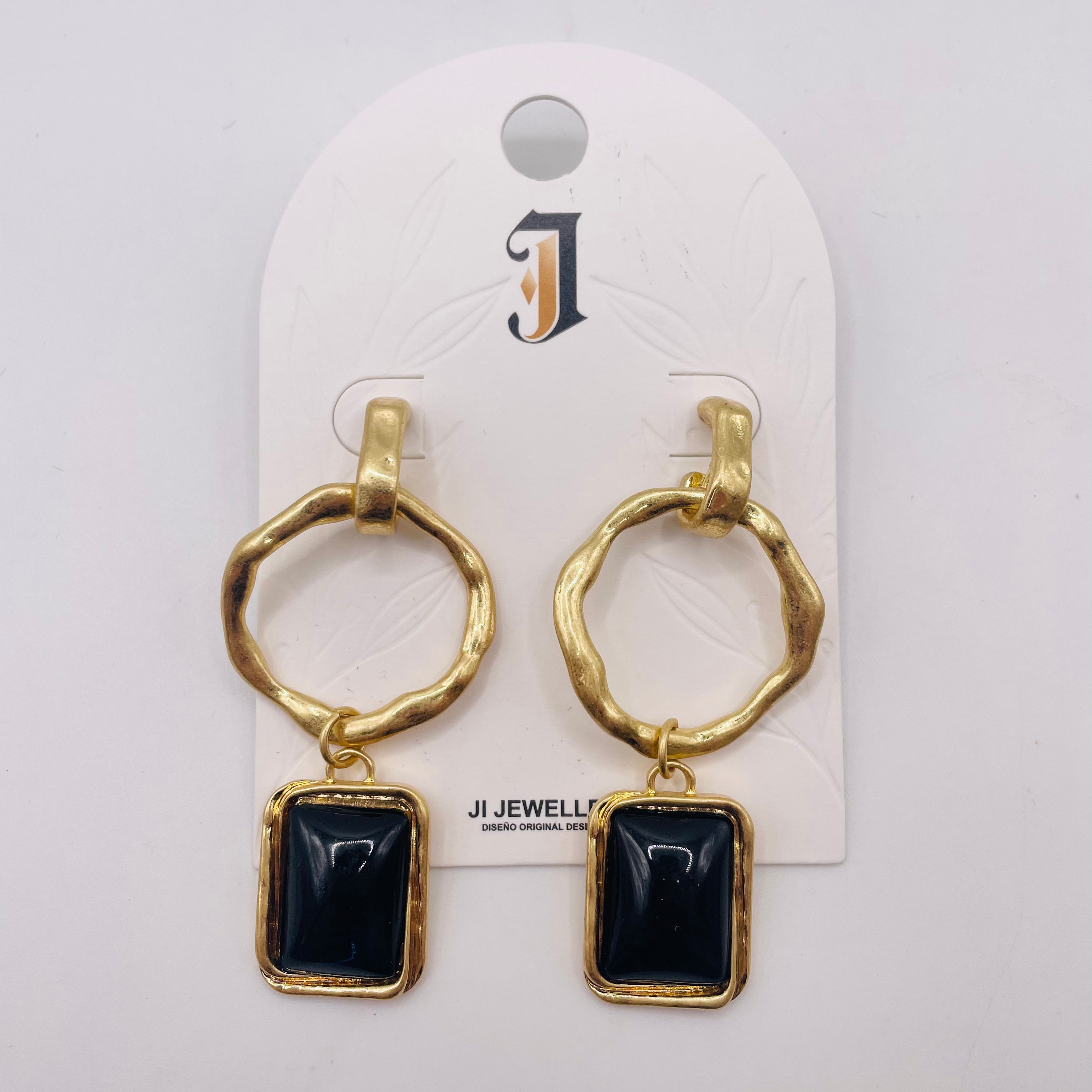 Pendientes Colgantes Aro Irregular con Piedra Rectangular Resina, 3 Colores Oro/Antiguo Plata/Negro, Joyería de Moda al Por Mayor para Mujer|JI JOYA