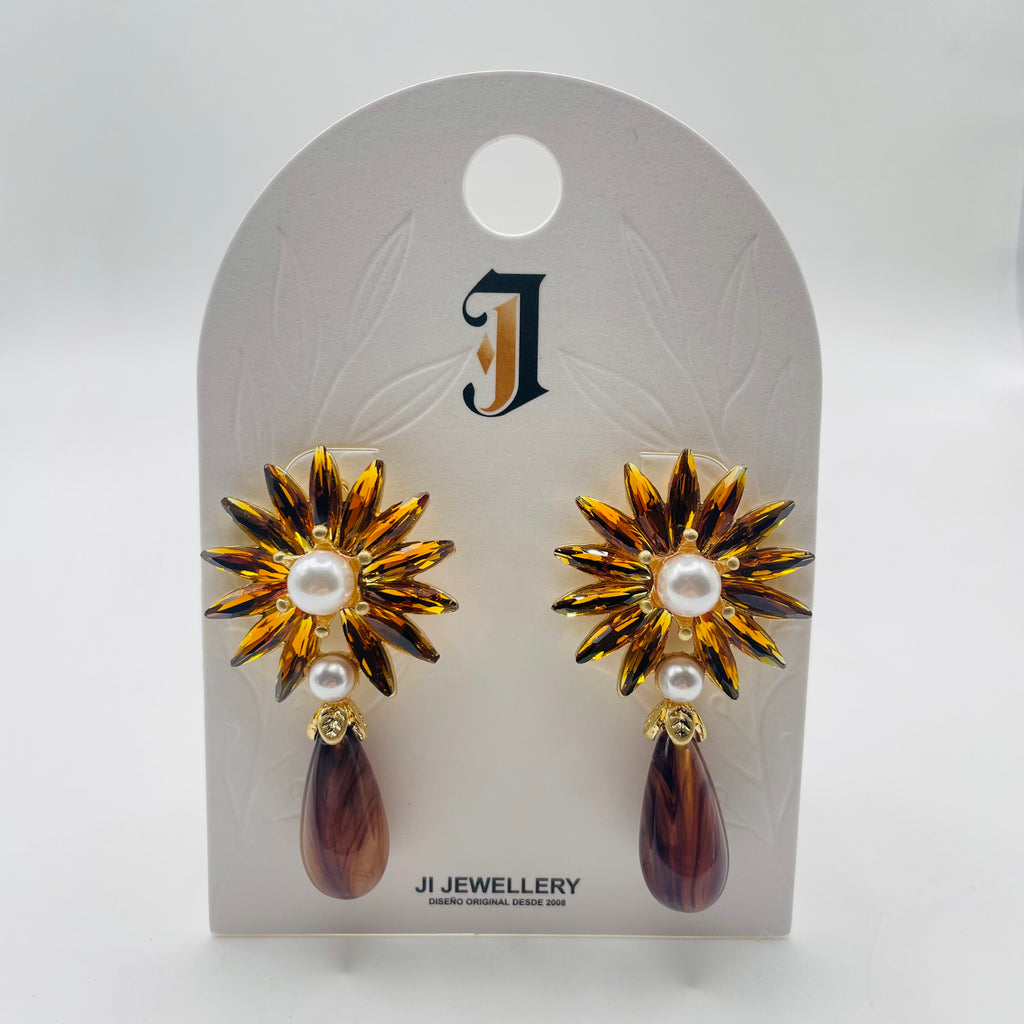 Pendientes Flor Vintage Cristal y Perla Colgante, 2 Colores, Joyería al Por Mayor para Mujer Fiesta Formal|JI JOYA
