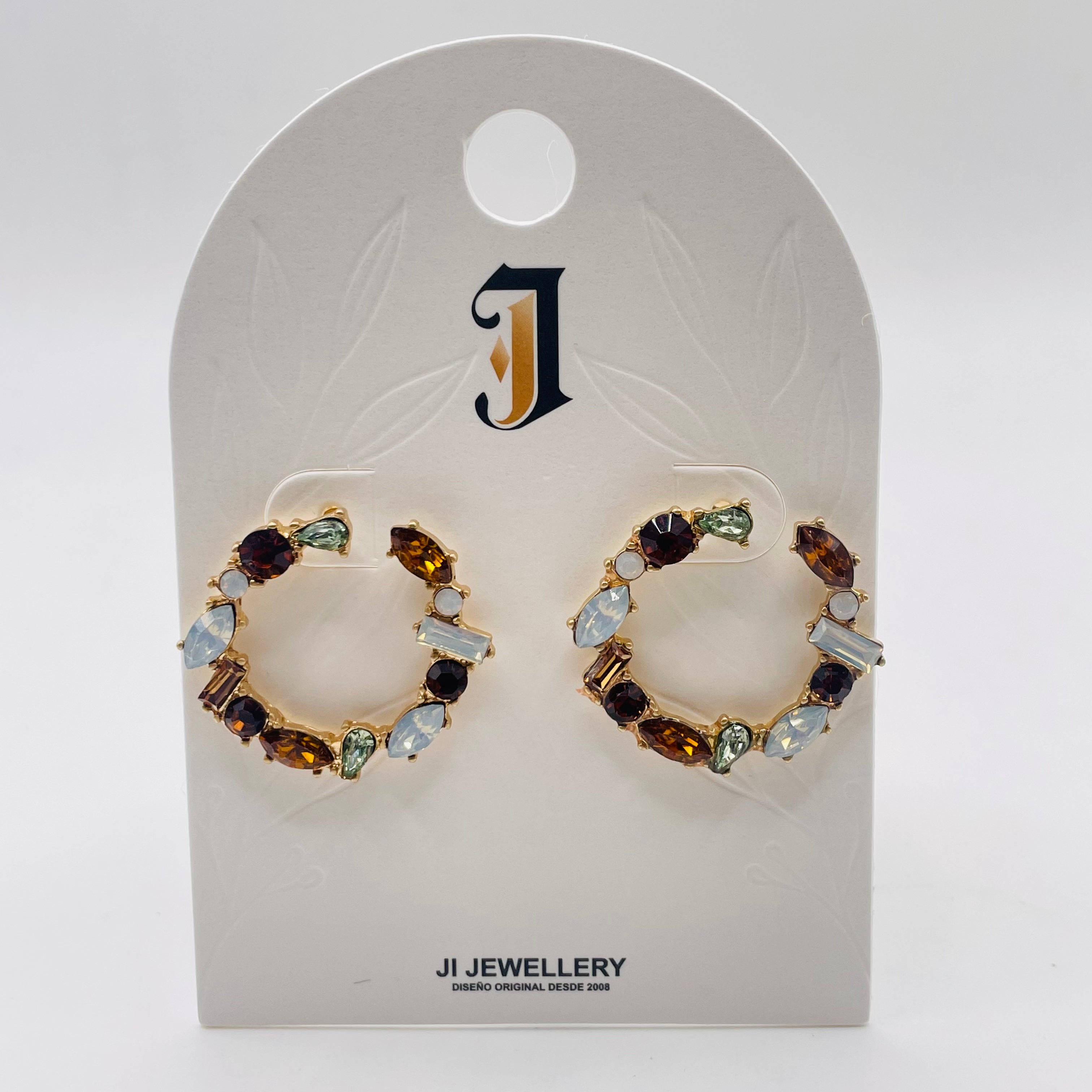 Pendientes Arco C Dorado con Cristal Multicolor, Pendientes Aro Abierto de Piedra Sintética al Por Mayor | Joyería Mayorista JI JOYA
