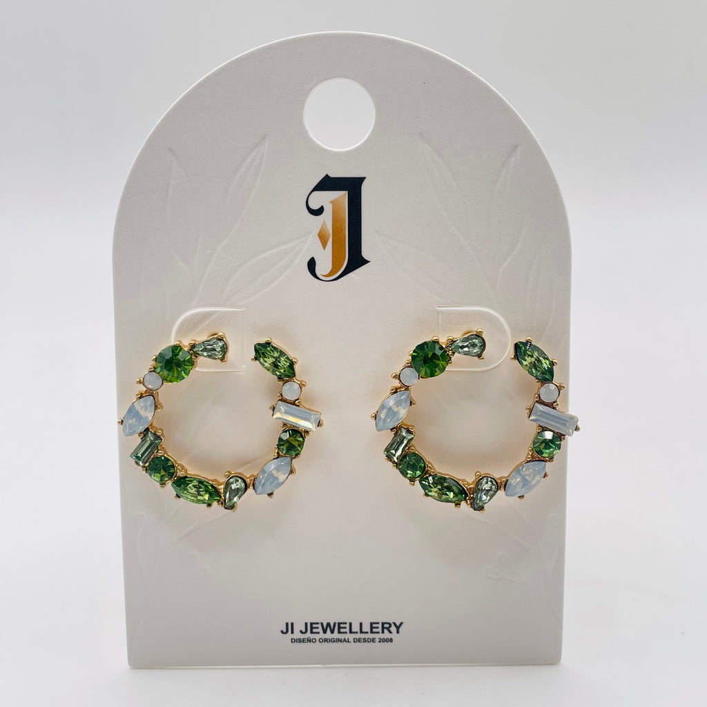 Pendientes Arco C Dorado con Cristal Multicolor, Pendientes Aro Abierto de Piedra Sintética al Por Mayor | Joyería Mayorista JI JOYA