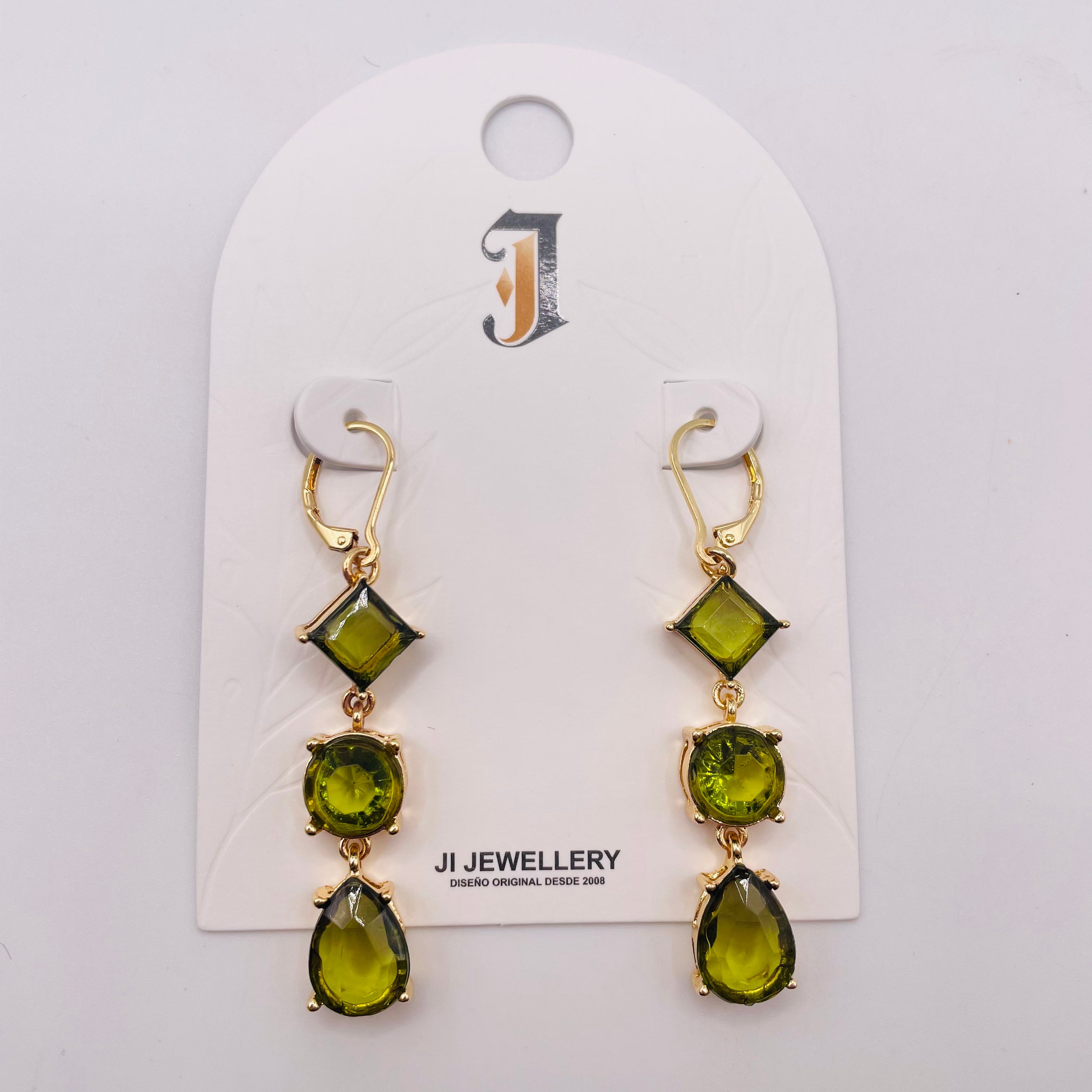 Título en Español：Pendientes Colgantes de Cristal Multicolor con Broche Francés, Diseño 3 Piedras Geométricas, Joyería al Por Mayor |JI JOYA