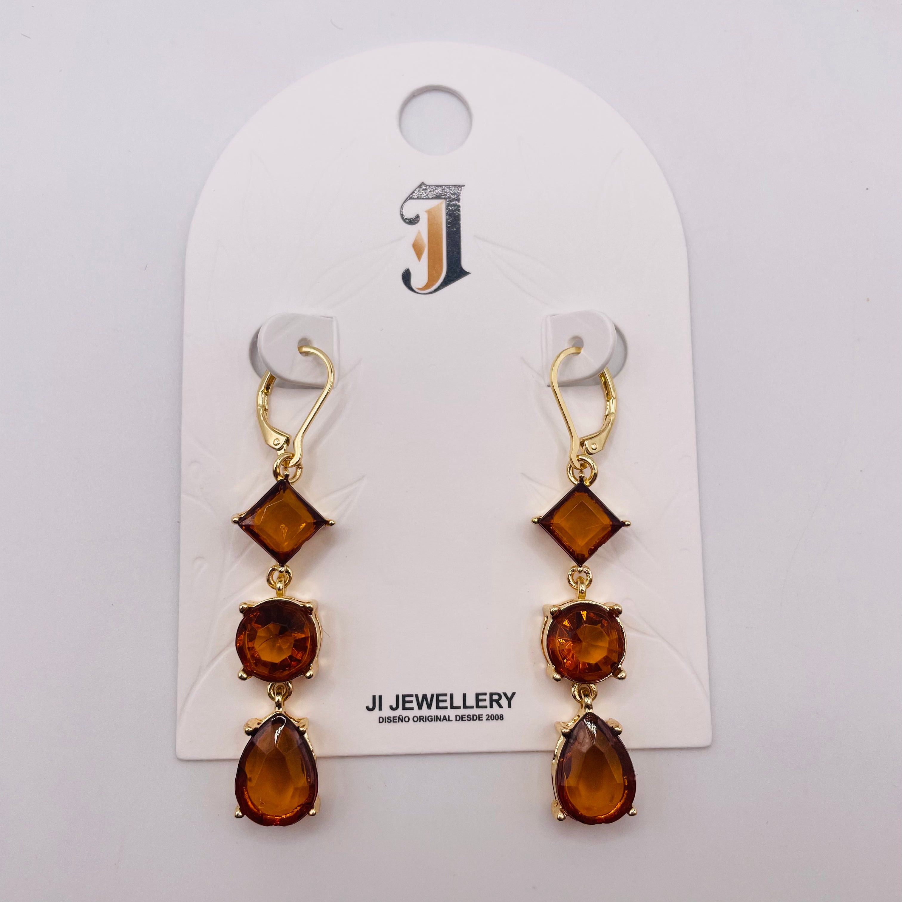 Título en Español：Pendientes Colgantes de Cristal Multicolor con Broche Francés, Diseño 3 Piedras Geométricas, Joyería al Por Mayor |JI JOYA