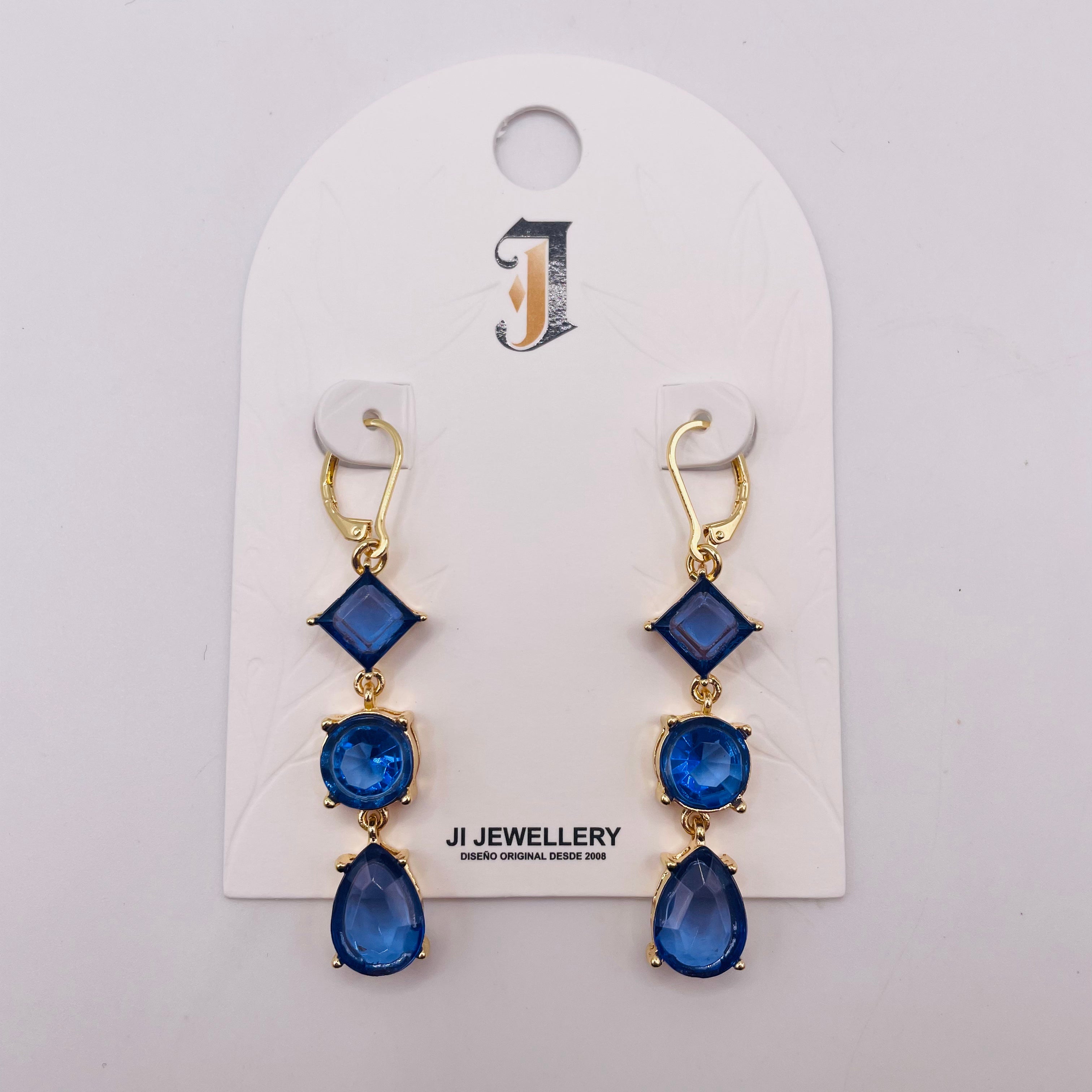 Título en Español：Pendientes Colgantes de Cristal Multicolor con Broche Francés, Diseño 3 Piedras Geométricas, Joyería al Por Mayor |JI JOYA