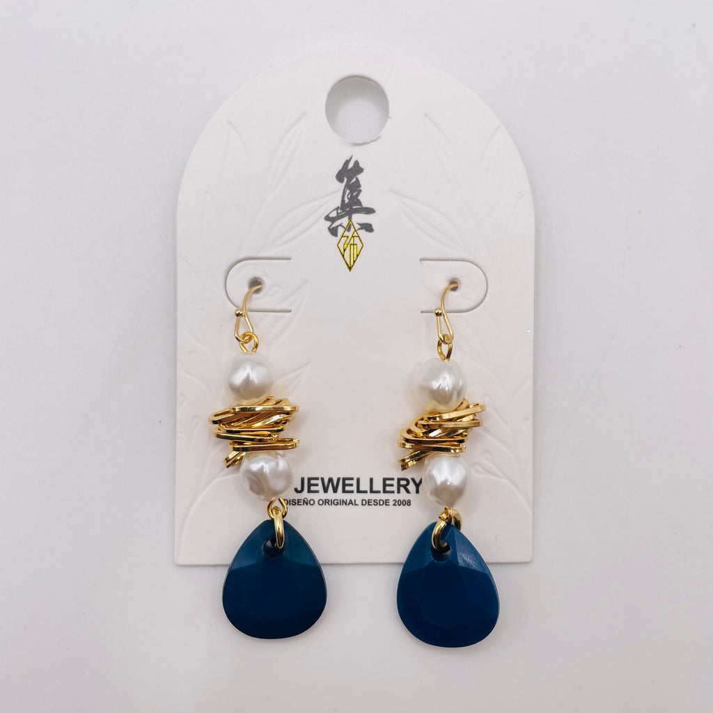 Pendientes gota azul marino con perlas irregulares y metal dorado | Mayorista Joyería Moda al por mayor|JI JOYA