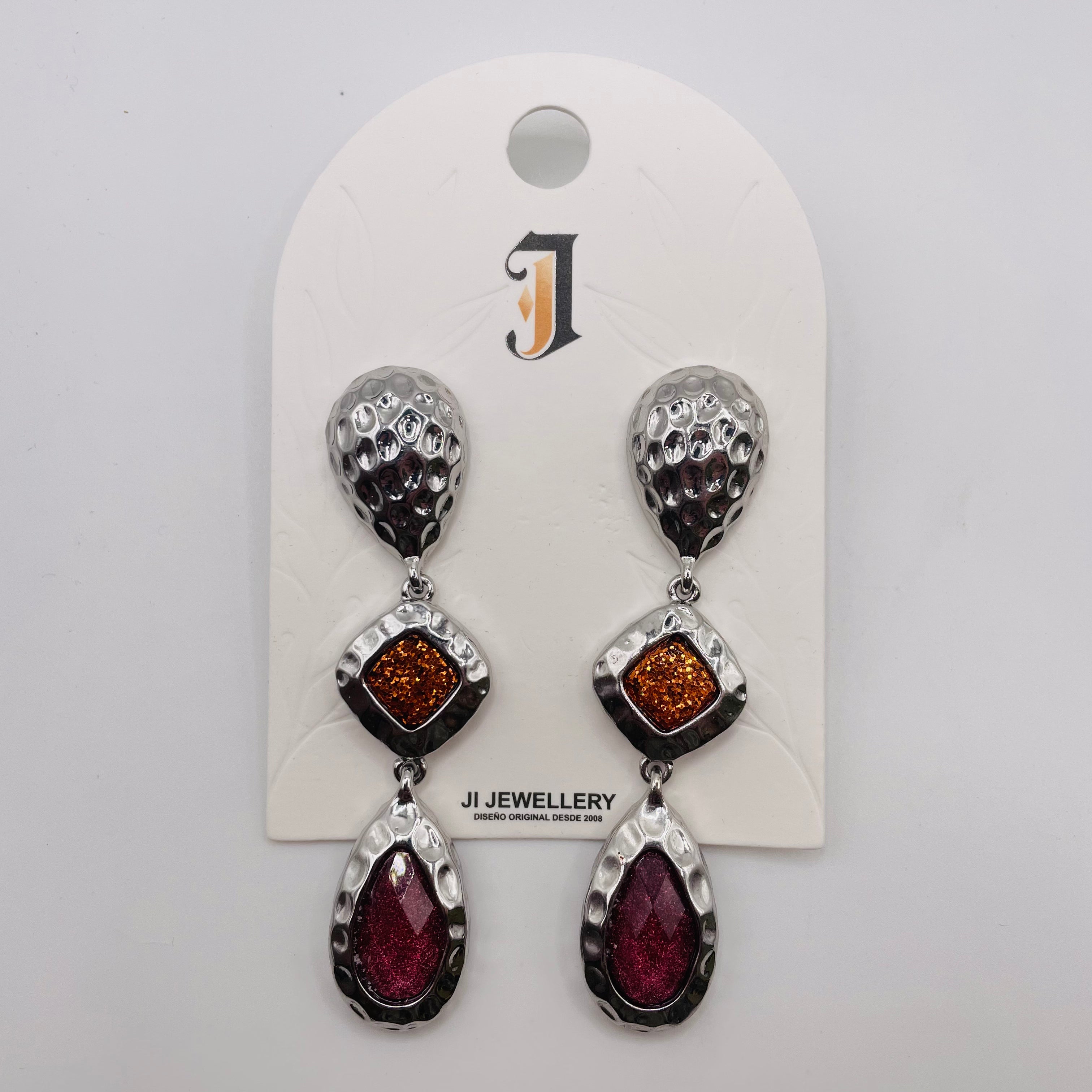 Pendientes Largos Texturizados con Piedras Brillo Dorado y Plata | Accesorio Moda Mayorista Bisutería|JI JOYA