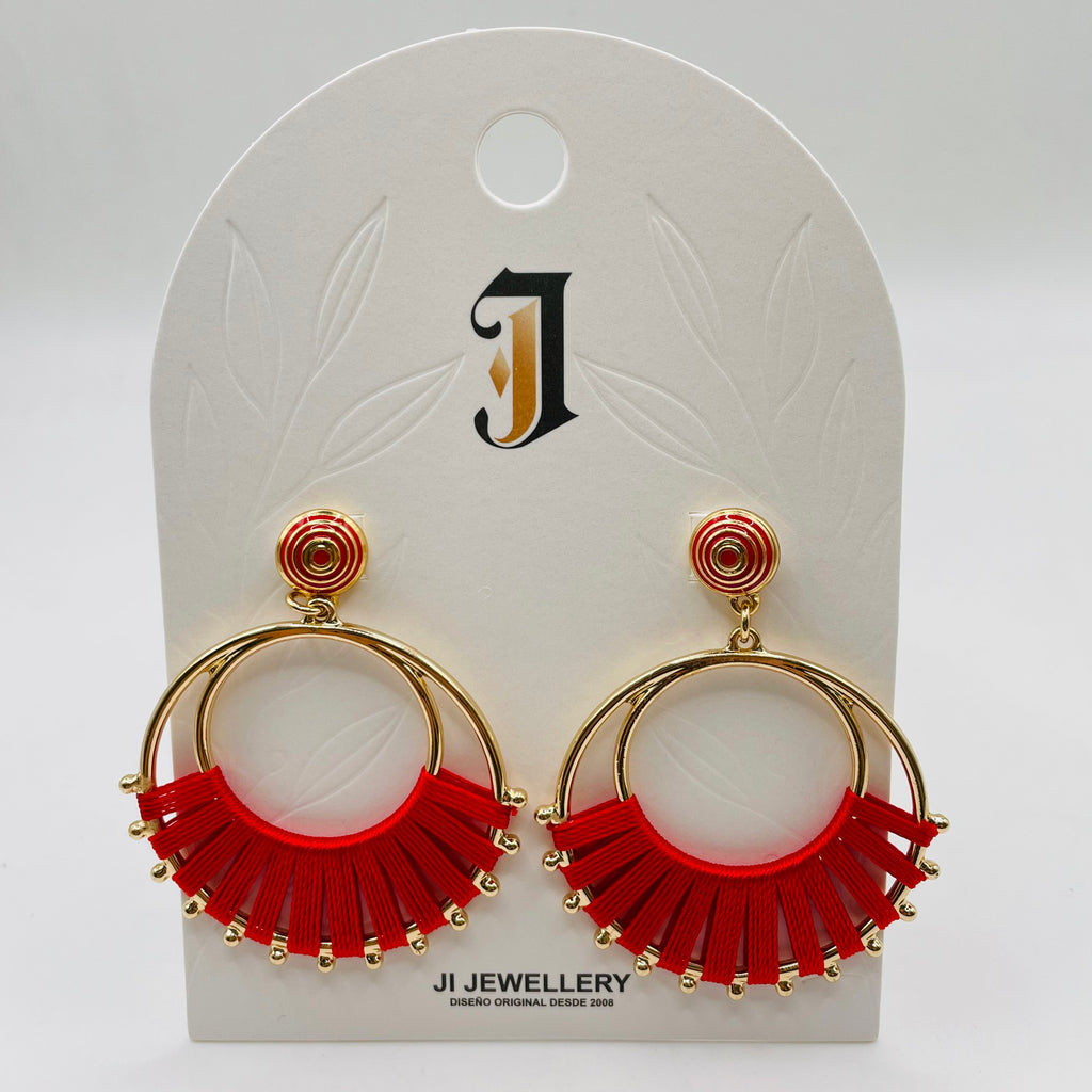 Pendientes Arco Hilo Tejido Aro Doble Dorado | Mayorista Joyería Moda Variedad Colores Rojo Negro Azul Claro|JI JOYA