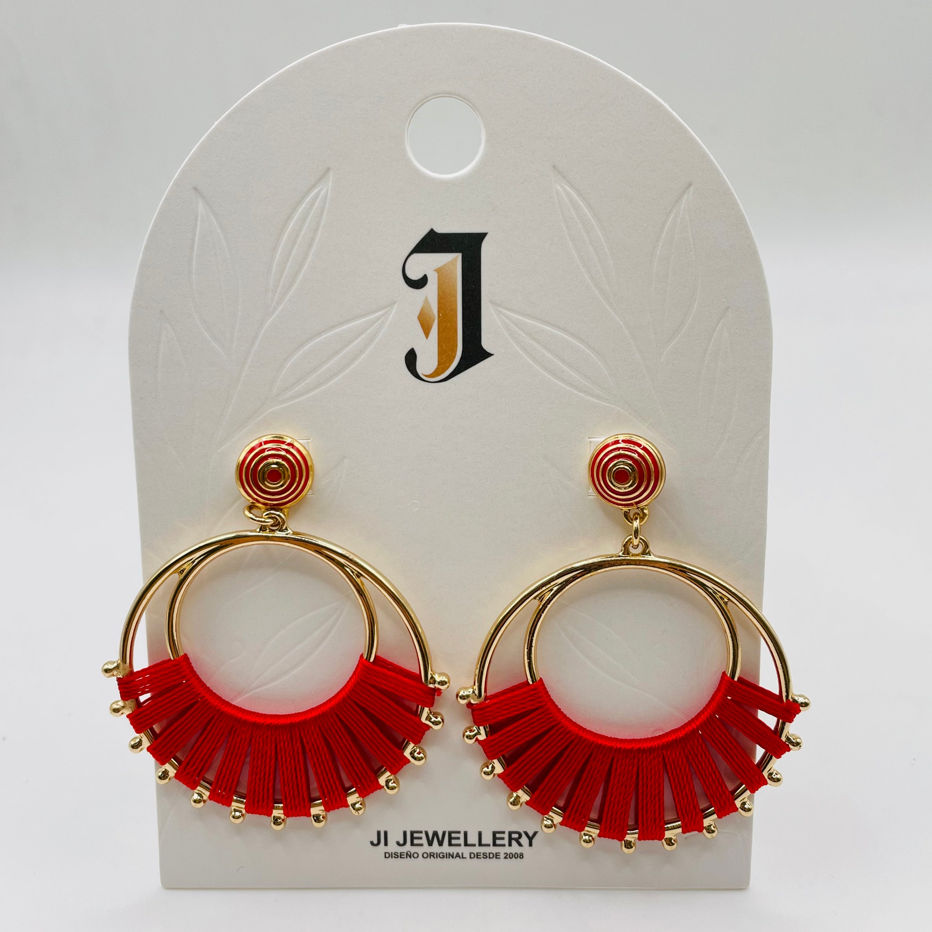 Pendientes Arco Hilo Tejido Aro Doble Dorado | Mayorista Joyería Moda Variedad Colores Rojo Negro Azul Claro|JI JOYA