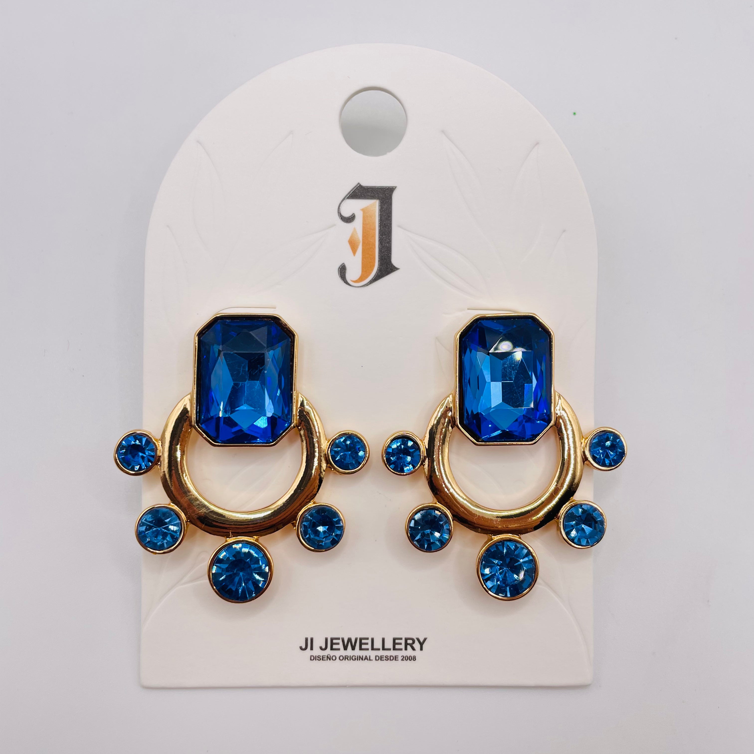 Pendientes Vintage Piedra Color Rubí Esmeralda Zafiro, Diseño Arco Dorado Metal Mayorista Joyería Moda Europea OEM ODM|JI JOYA