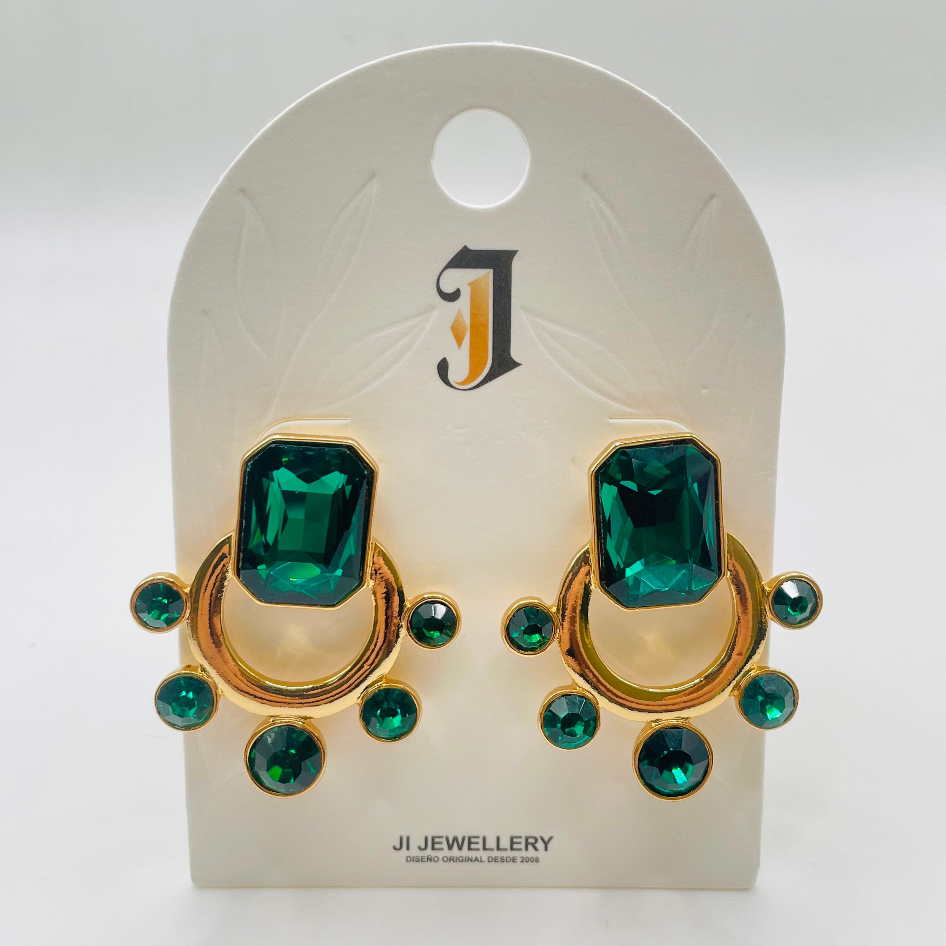 Pendientes Vintage Piedra Color Rubí Esmeralda Zafiro, Diseño Arco Dorado Metal Mayorista Joyería Moda Europea OEM ODM|JI JOYA