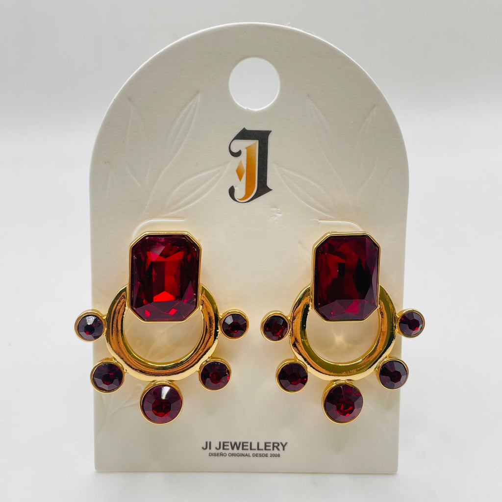 Pendientes Vintage Piedra Color Rubí Esmeralda Zafiro, Diseño Arco Dorado Metal Mayorista Joyería Moda Europea OEM ODM|JI JOYA