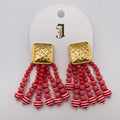 Pendientes Borla de Cuentas a Rayas 3 Colores, Accesorio Moda Mayorista para Mujer, Base Cuadrada Dorada Texturizada|JI JOYA