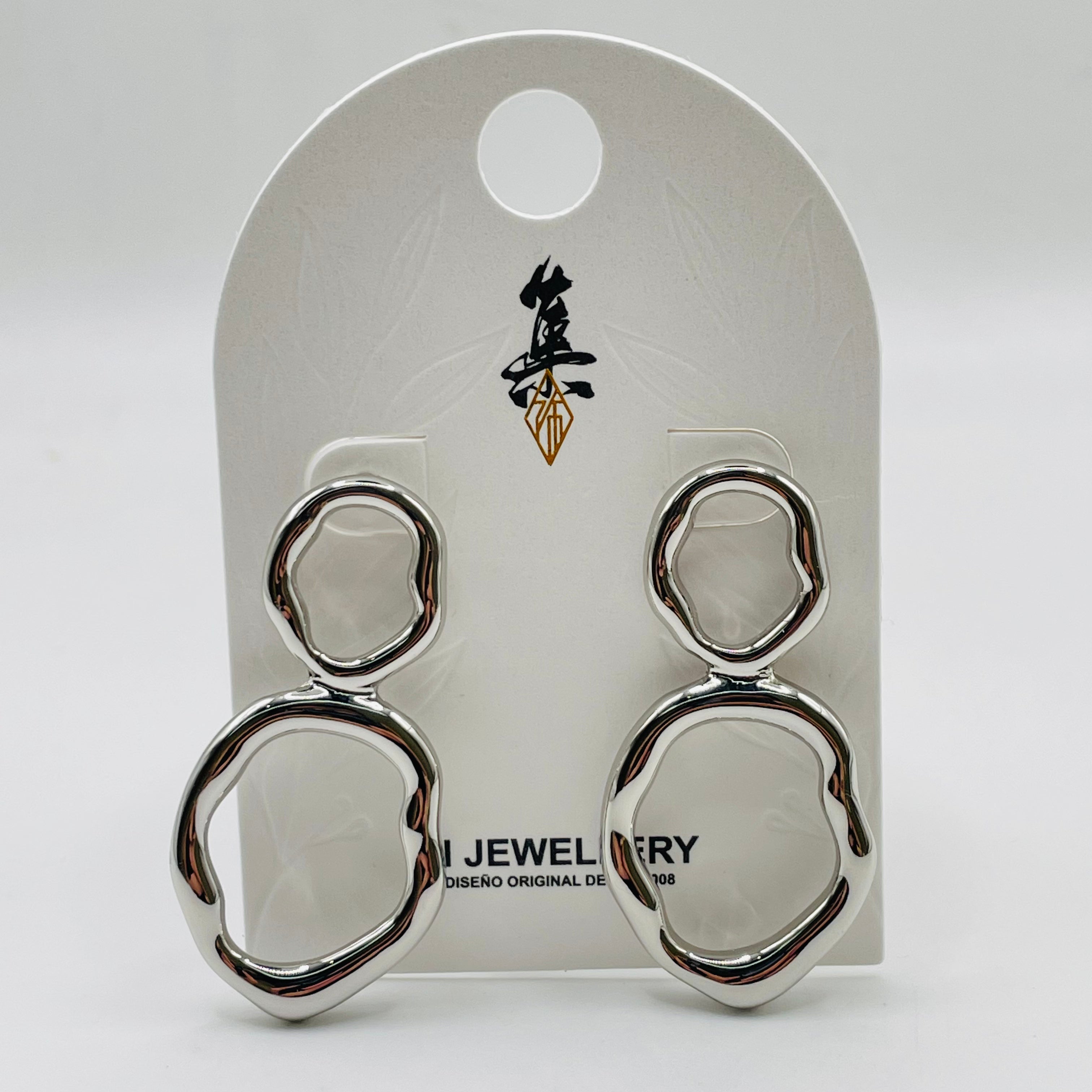 Pendientes Doble Anillo Irregular Plata y Dorado | Joyería Mayorista Diseño Minimalista Moda Mujer|JI JOYA