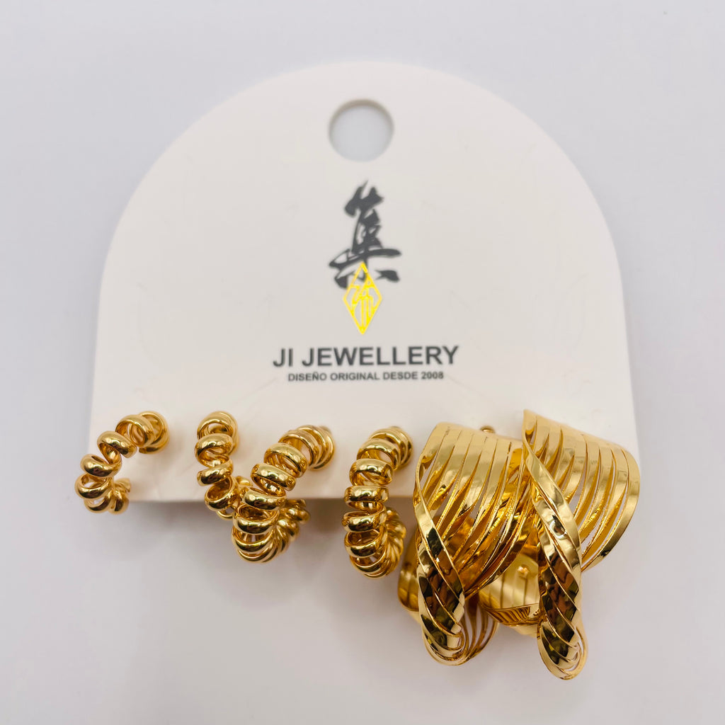 Juego de 3 Pares Arracadas en Forma de Espiral Metal Plata/Dorado, Pendientes Aro Texturizados al Por Mayor para Mujer|JI JOYA