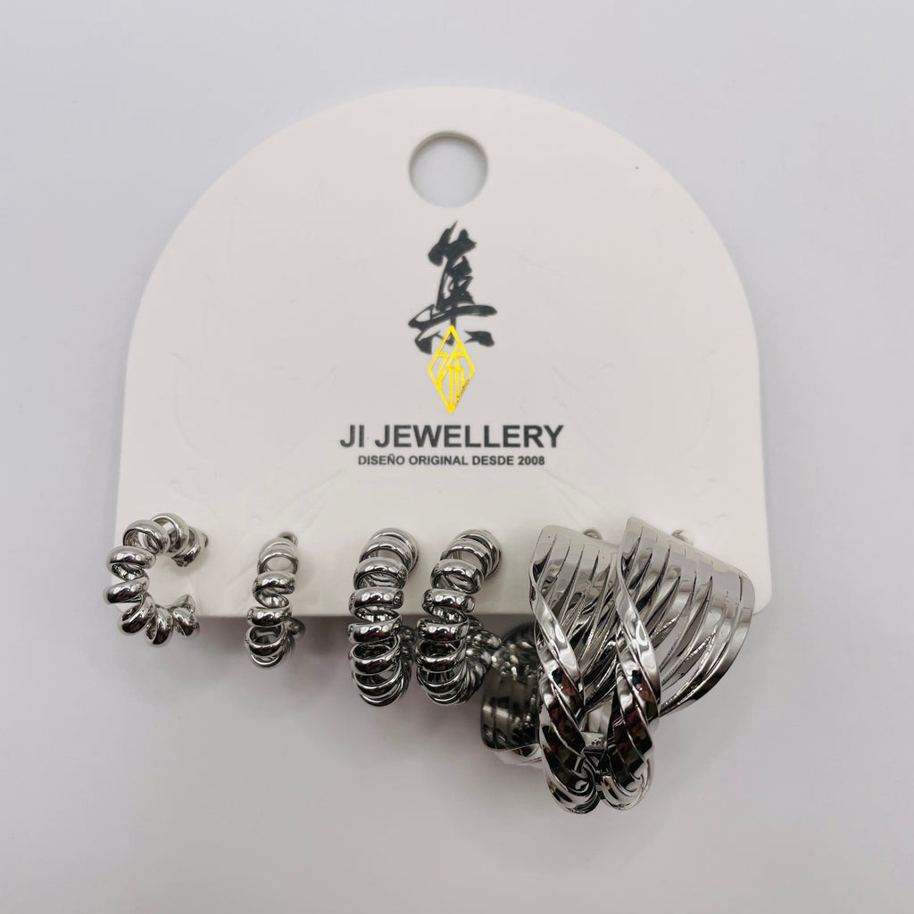 Juego de 3 Pares Arracadas en Forma de Espiral Metal Plata/Dorado, Pendientes Aro Texturizados al Por Mayor para Mujer|JI JOYA
