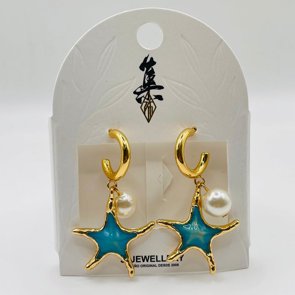 Aretes Colgantes Estrella de Mar Esmalte Azul/Rojo con Perla| Joyería Mayorista Mujer|JI JOYA