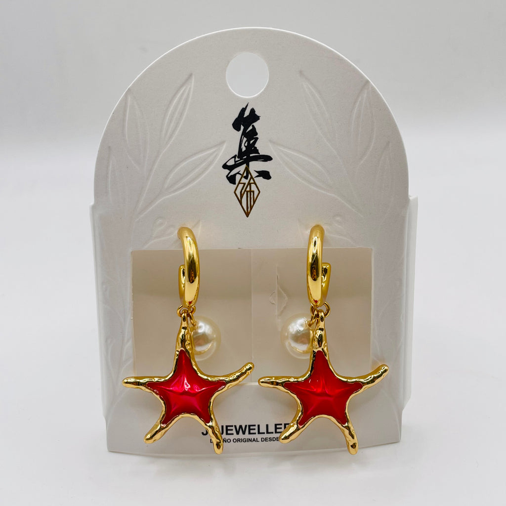 Aretes Colgantes Estrella de Mar Esmalte Azul/Rojo con Perla| Joyería Mayorista Mujer|JI JOYA