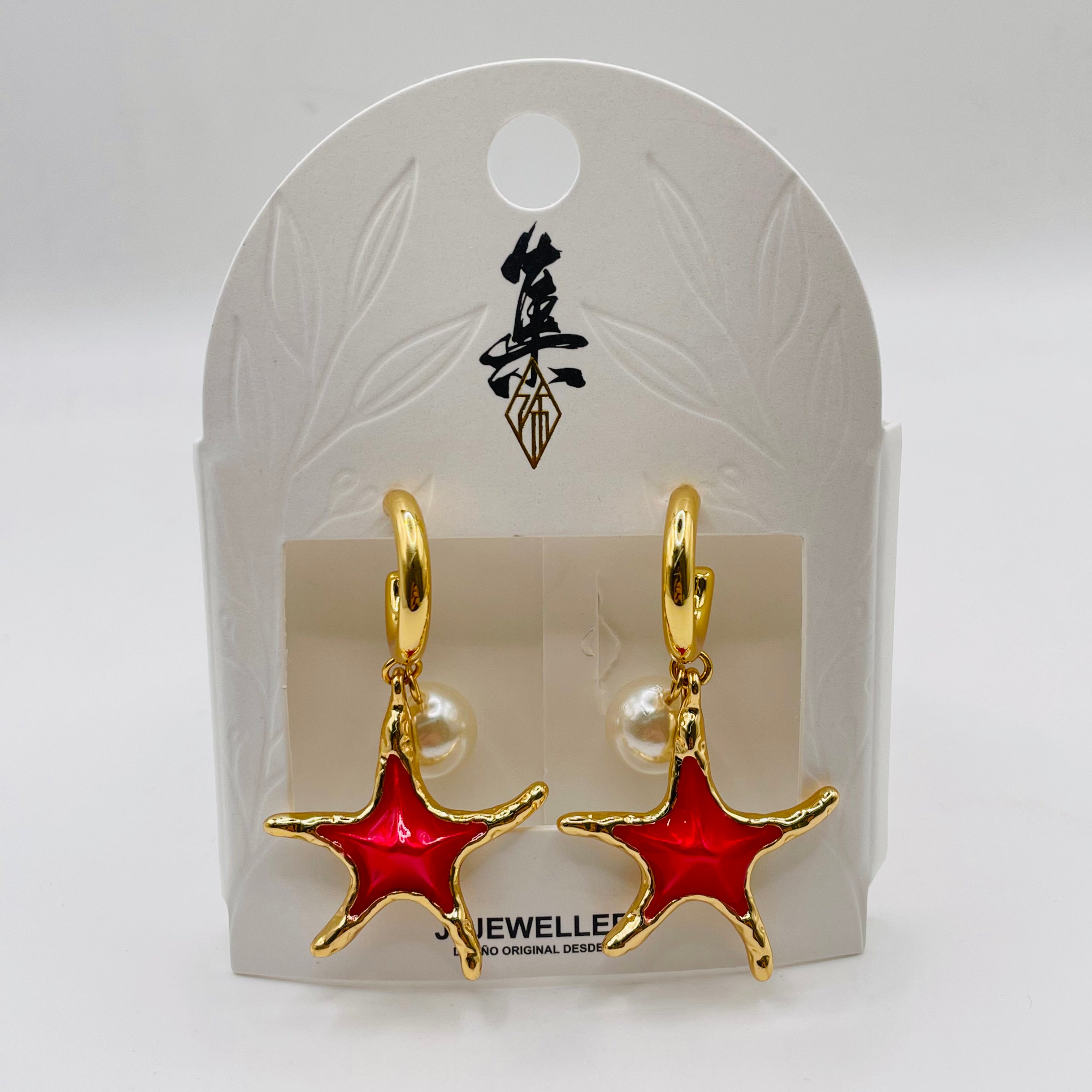 Aretes Colgantes Estrella de Mar Esmalte Azul/Rojo con Perla| Joyería Mayorista Mujer|JI JOYA