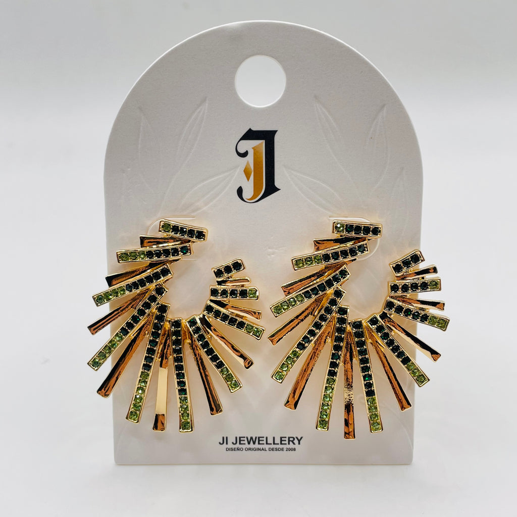 Pendientes Abanico Cristal Verde y Negro, Diseño Explosivo 2 Colores Plata/Oro, Mayorista Joyería Moda al Por Mayo|JI JOYA