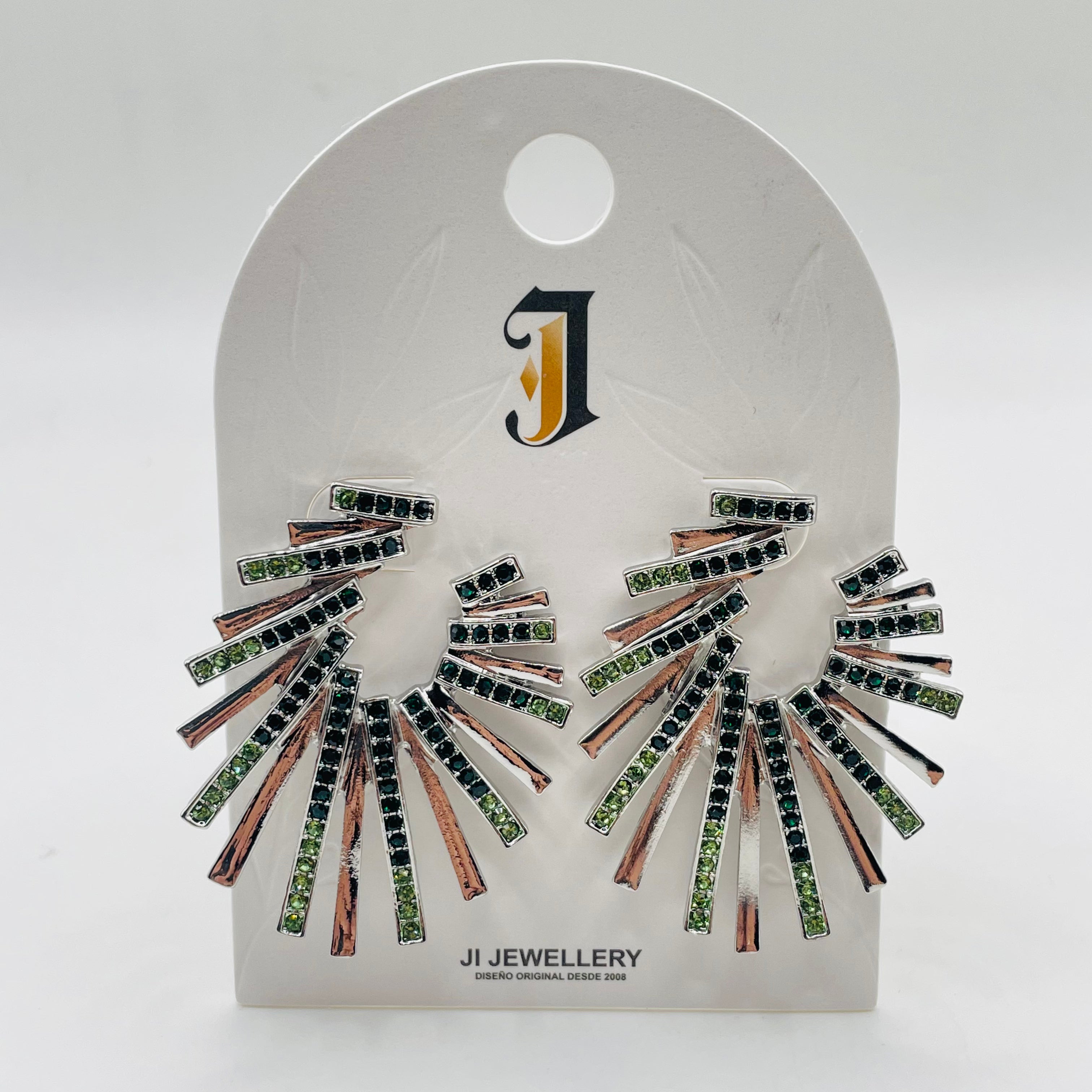 Pendientes Abanico Cristal Verde y Negro, Diseño Explosivo 2 Colores Plata/Oro, Mayorista Joyería Moda al Por Mayo|JI JOYA
