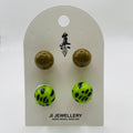 Aretes Doble Cara Estampado Leopardo Verde y Purpurina Dorada | Joyería al Por Mayor|JI JOYA