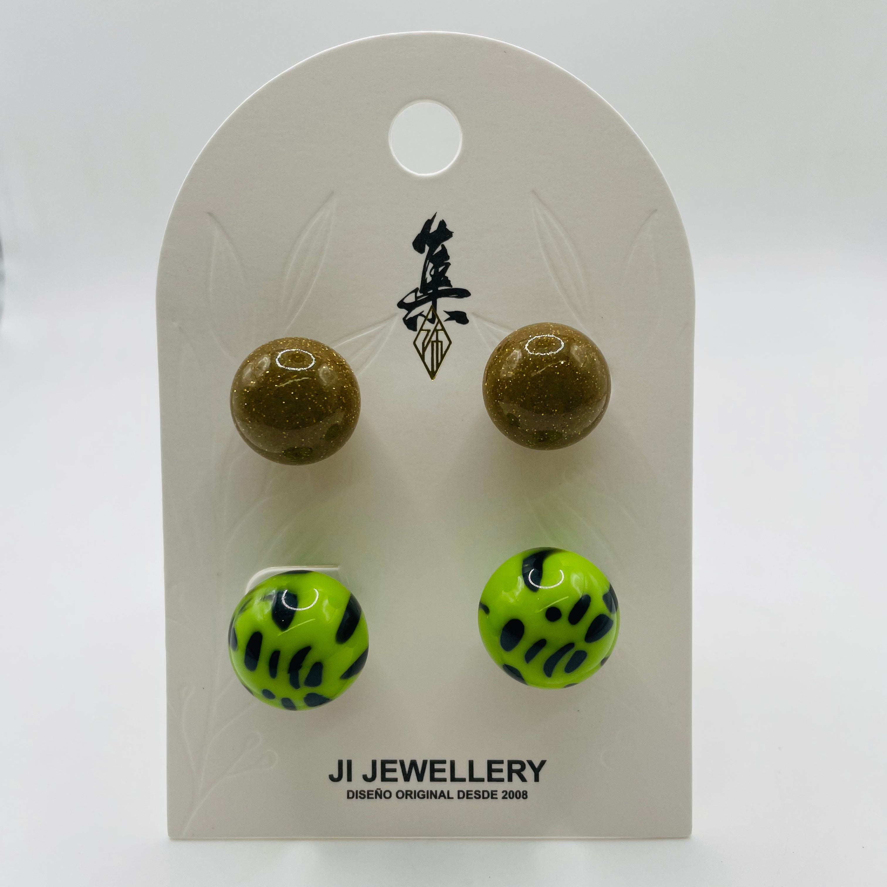 Aretes Doble Cara Estampado Leopardo Verde y Purpurina Dorada | Joyería al Por Mayor|JI JOYA