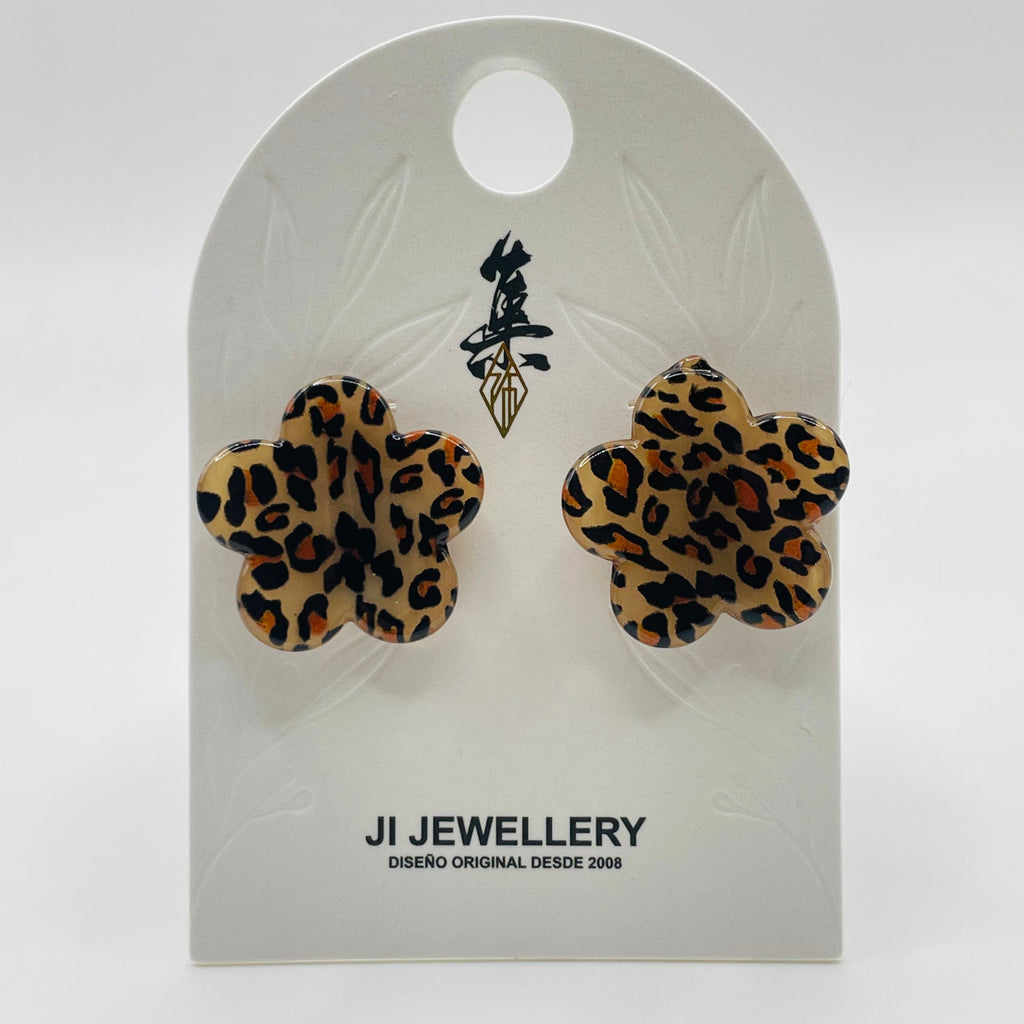 Pendientes Forma Flor Print Leopardo Resina, Compra Mayorista para Tiendas de Bisutería|JI JOYA