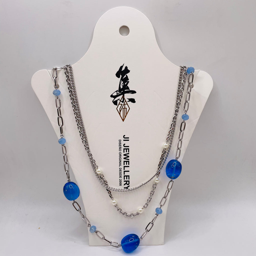 Collar Capas Mayoreo | Cadena Plata con Cuentas Azul Transparente y Perlas, Joyería Moda Mujer para Tiendas Minoristas|JI JOYA