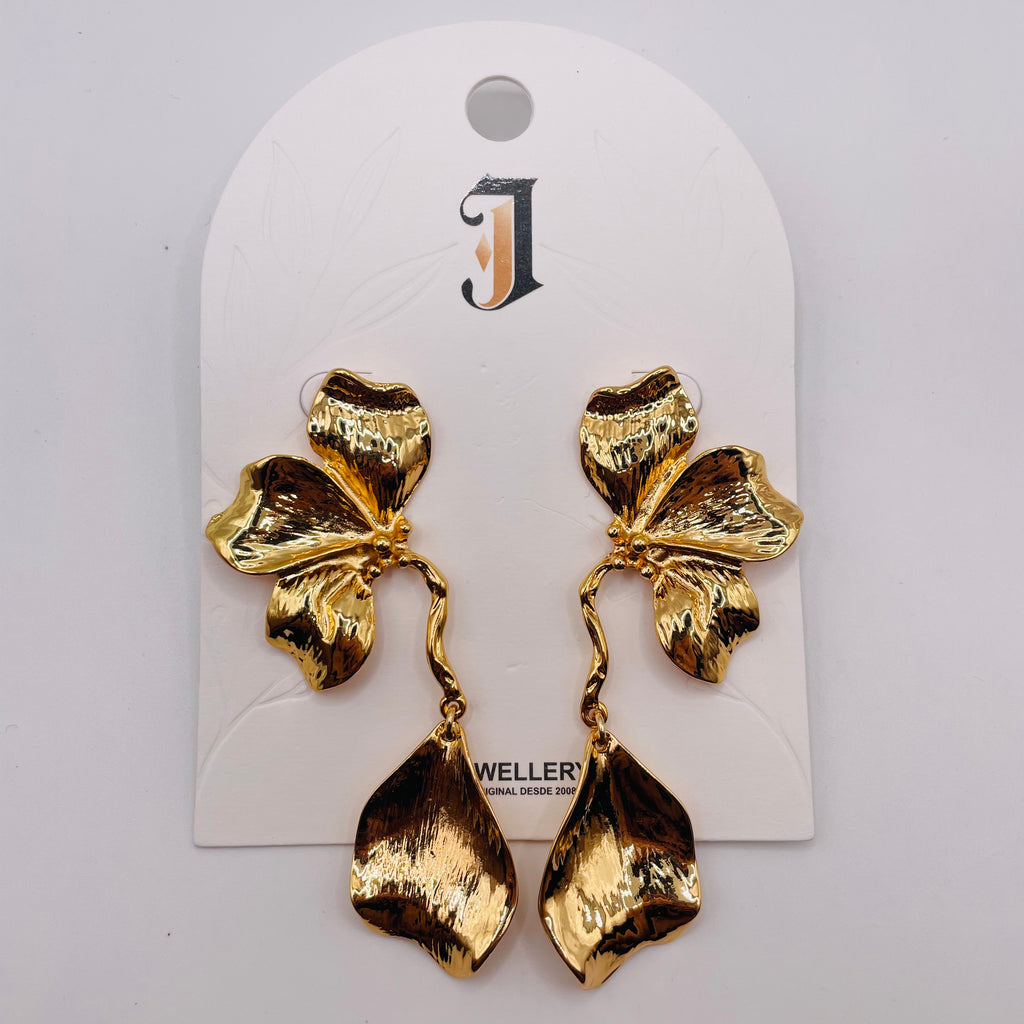 Pendientes Flor Metálicos Bicolor Plata y Oro, Pendientes Colgantes Texturizados al Por Mayor para Mujer, Joyería de Moda al Por Mayor OEM ODM|JI JOYA