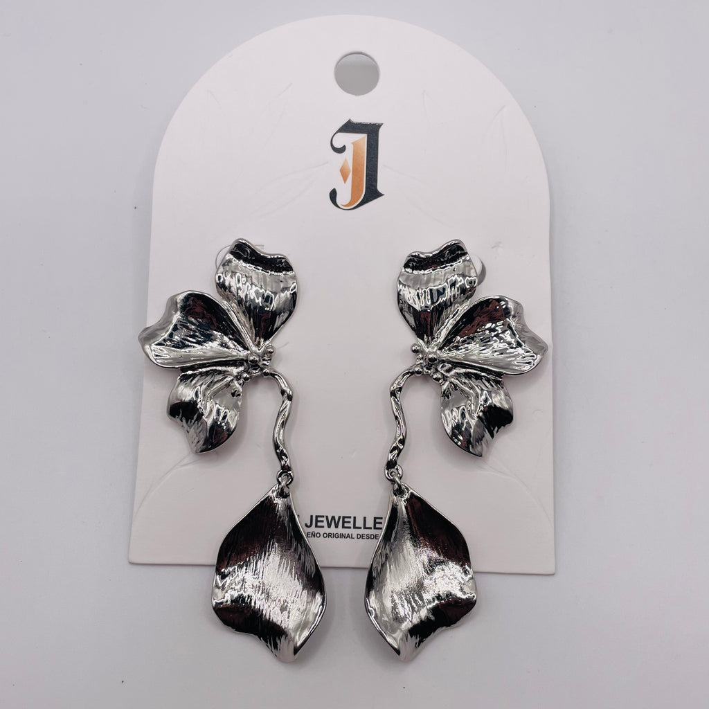 Pendientes Flor Metálicos Bicolor Plata y Oro, Pendientes Colgantes Texturizados al Por Mayor para Mujer, Joyería de Moda al Por Mayor OEM ODM|JI JOYA