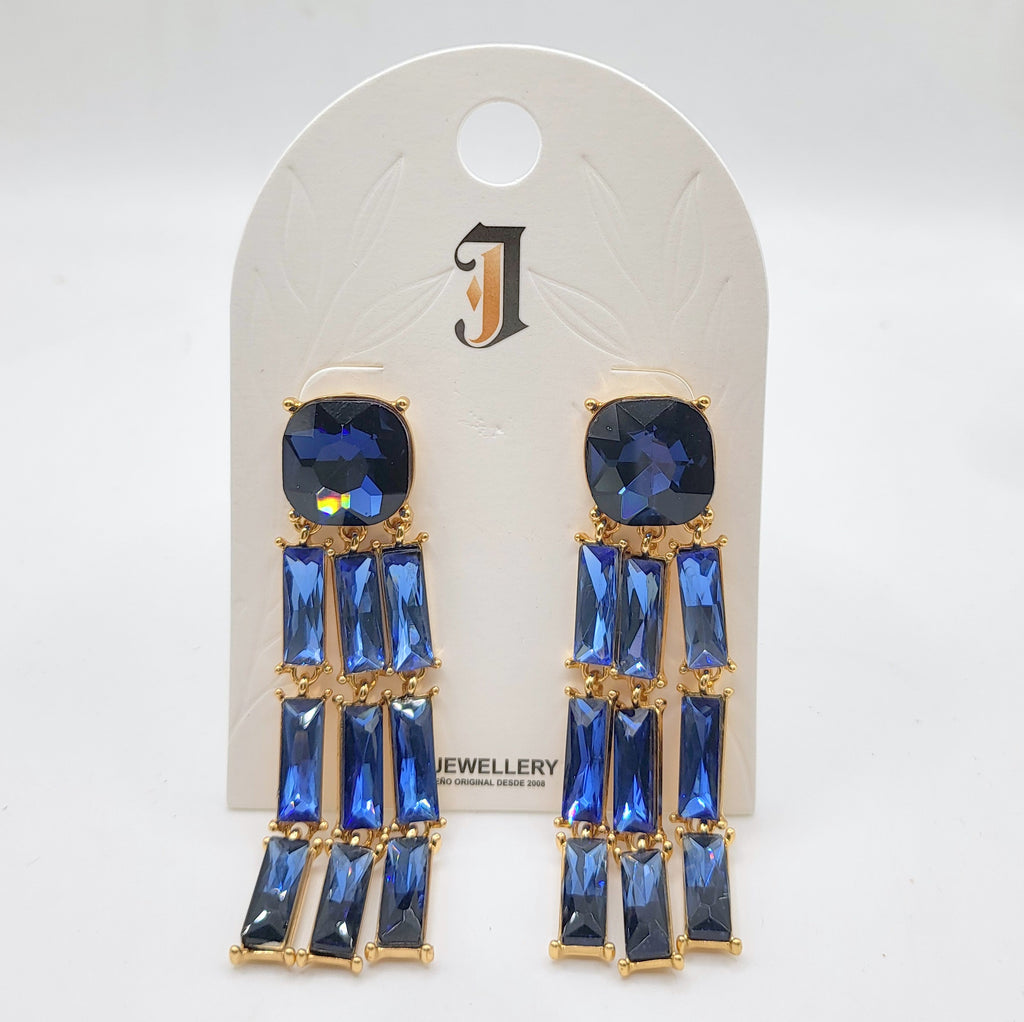 Pendientes Largos Borla Cristal Azul 2 Colores, Aretes Chapados en Oro al Por Mayor para Fiesta Noche Mujer|JI JOYA