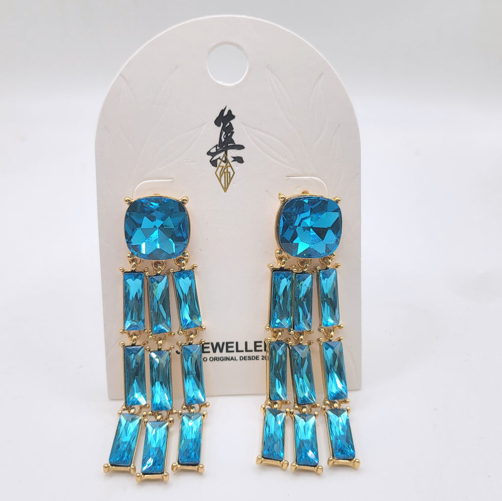 Pendientes Largos Borla Cristal Azul 2 Colores, Aretes Chapados en Oro al Por Mayor para Fiesta Noche Mujer|JI JOYA